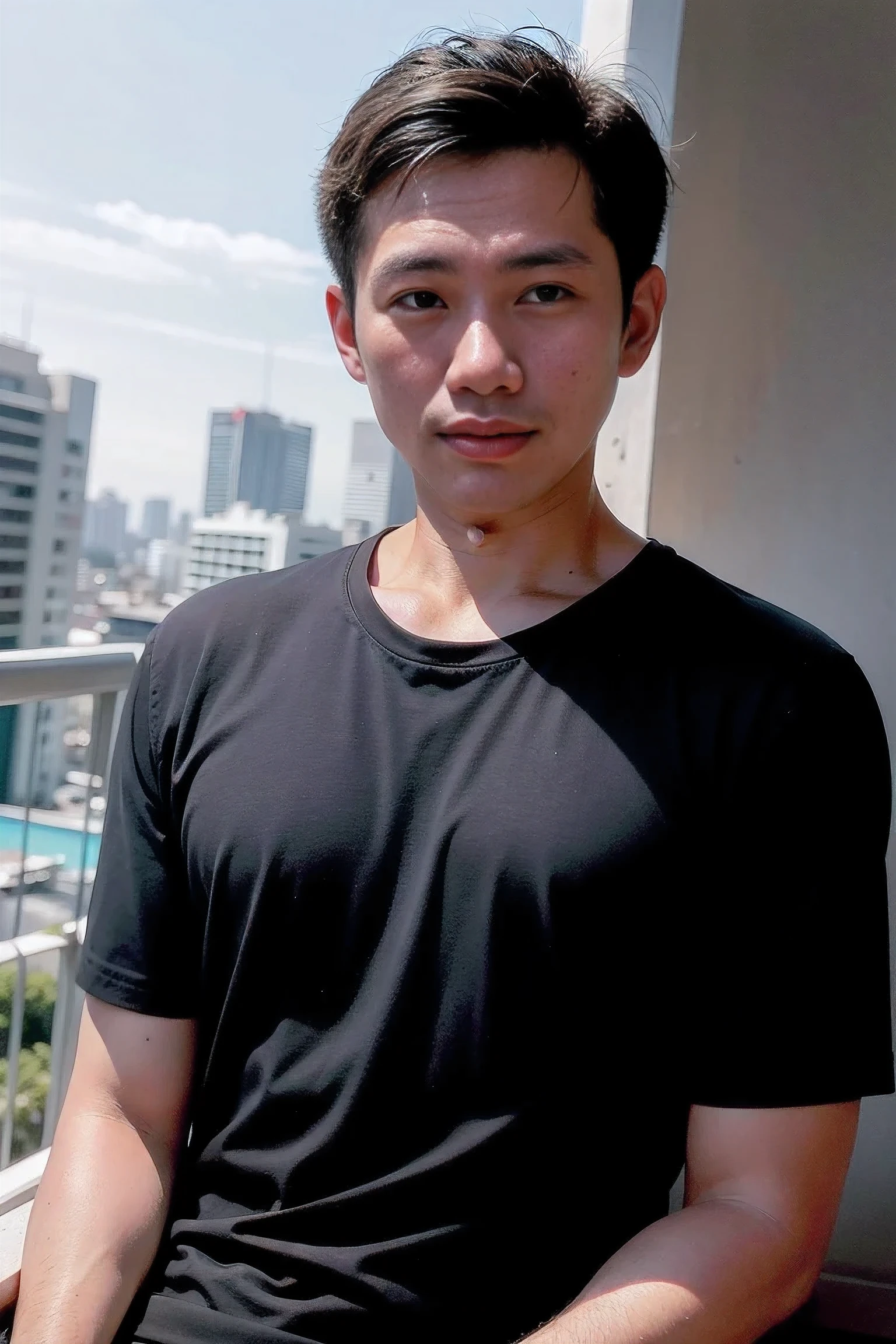 realistic , Thai man, black shirt, Condo balcony backdrop
