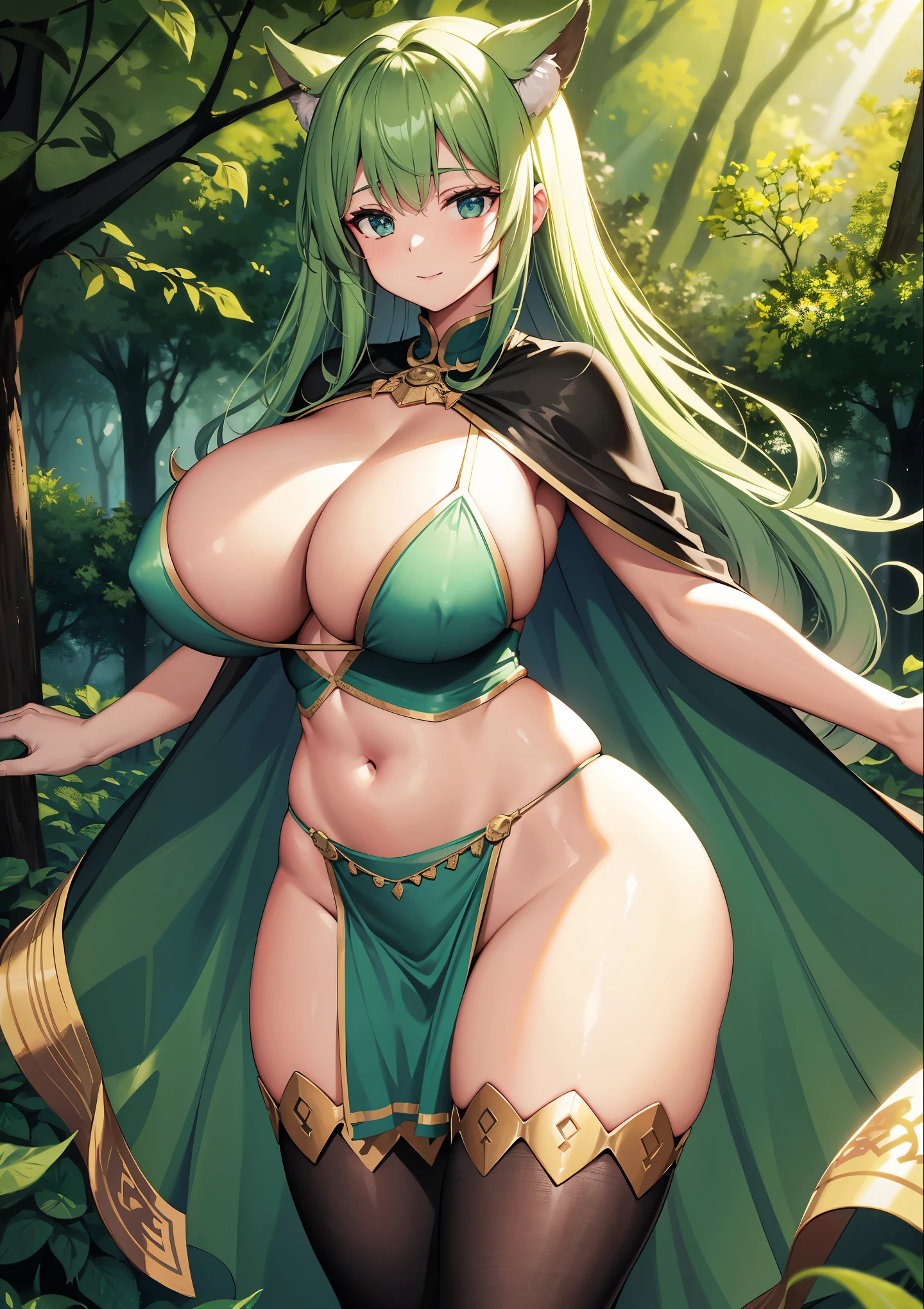 fantasy, 1forest_elemental_girl,(dark_skin:0.9), (using_leaves_clothes:1.1), green_leaves_covered_breasts, leaves_covered_pussy,covered_nipples,(gigantic_heavy_tits:1.1), walking, smile, sleepy, medium_hair, navel oil, (winding_vine_around_torso:1.1), forest_background, leaves_headgear, green_leaves_cape, spread_arms, large_staff, leaves_thighhighs, big_ass,solo,(pelvic_curtain:1.2), tabard,(plump:0.8),cowboyshot