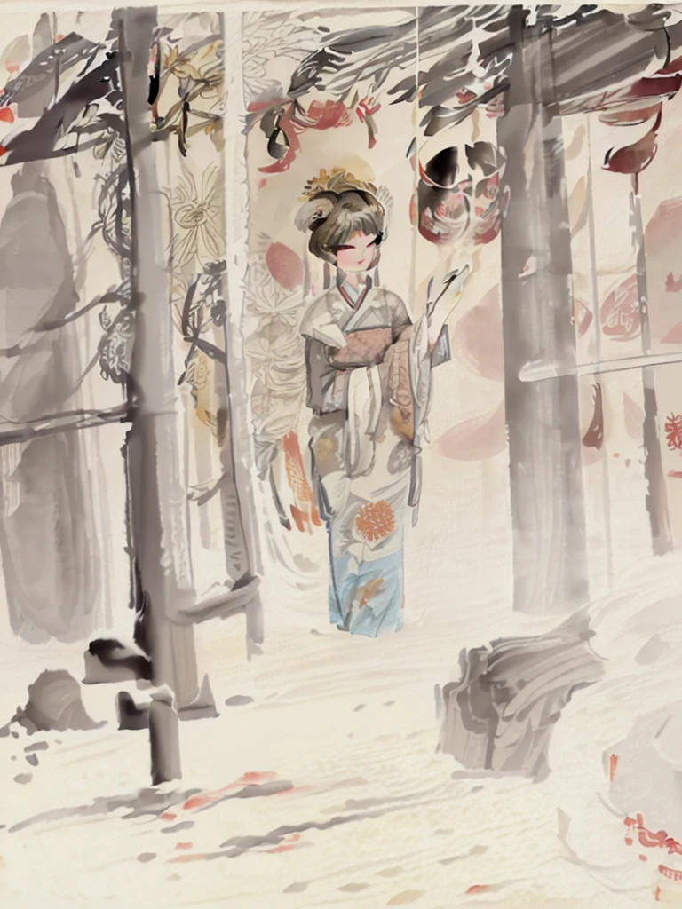 impressionist painting:1.3, ((Wu Guanzhong Modern Chinese Painting, painting a Chinese temple:1.4)), ((White inks and paints with very subtle brushstrokes of color (to highlight) on paper:1.5)),