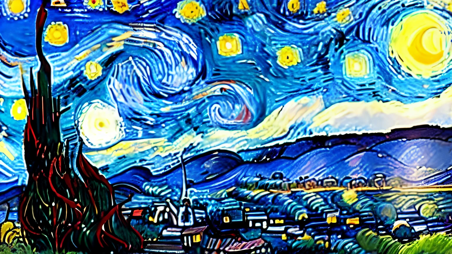 Title: "Starry Night Over the Rice Fields"
Description: In this drawing, imagine an homage to Van Gogh's famous "Starry Night" but set in a rural Asian landscape. The foreground is dominated by lush fields of rippling rice plants, their vibrant green hues contrasting with the deep blues and purples of the night sky above. The sky is alive with swirling clouds and twinkling stars, reminiscent of Van Gogh's iconic style. In the distance, a quaint village with traditional Asian architecture rests beneath the celestial canopy, its rooftops silhouetted against the luminous night sky.