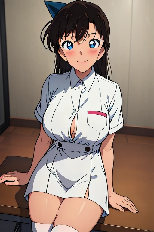 1 girl, nurse, nurse cap, white clothes, ((white knee highs)), blue eyes, smile, Are standing, ((hospital room)), sharp outline, short sleeve, highest quality, masterpiece、revealing clothes、(Always Panchira),big breasts、(put your chest on the desk)