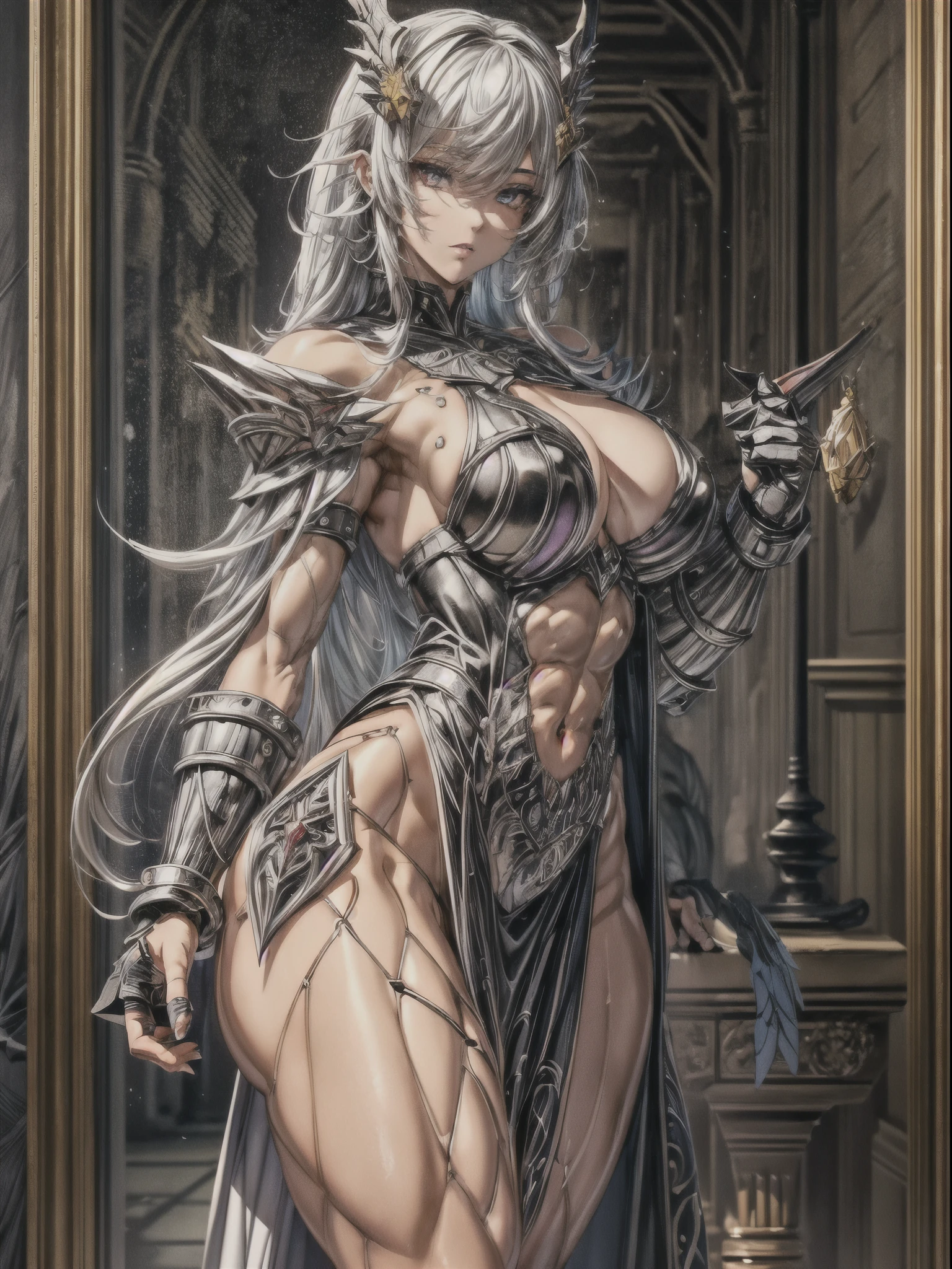 The Dragon Lord wears highly detailed black steel shoulder pads modeled after dragon heads with shimmering silver trimmings and ornaments, an overlying gray cloak with an extremely detailed large hood that falls low over the bearded face highly detailed gray feathered dragon wings with translucent membranes, insanely realistic graphics, insanely detailed details, ultra realistic and highly detailed heavy black steel armor with shiny silver shiny decorations on a gray tunic, extremely detailed heavy black steel gloves, steel boots with reinforced shiny silver ornaments, in a vaulted hall during the
,(((short_hair))),((potrait_girl)),((dynamic_pose)),((from_side)),((muscular)),(((intricate dress,detailed accessories,intricate clothes)),((holding sword))
,((Best quality)), ((masterpiece)), ((highly intricate details)),beautiful, high quality, highres, absurdres, light difussion, intricate details, complex details, ((anime)), (anime:1.2) , (perfect face:1.3), extreme detailed eyes, colorful, highest detailed, vibrant colors, high contrast, (8K UHD:1.2), (photorealistic:1.2),(masterpiece:1.4), (best quality:1.4),extremely detailed wallpaper, highly detailed illustrations, ((1 Girl)), (best lighting) , (super-complex details) , 4K unified, (super-detailed CG: 1.2) , (8K: 1.2),(original), (masterpiece) , (best quality) , (reality: 1.3) , photorealistic, Octane rendering, (surreal: 1.2)