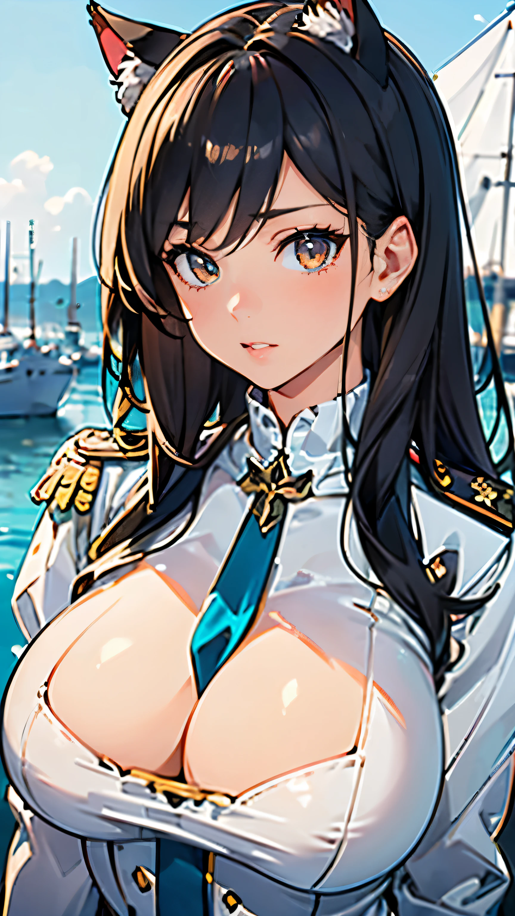 (masterpiece, best quality, RAW photo, intricate details) portrait, closeup, headshot, 1girl / Atago / medium dark hair, amber eyes, cat ears, huge breasts:1.6, ((wearing white admirals uniform)), bokeh, harbour background, blue sky, Azur lane, admiralty, service medals:1.8, epaulettes