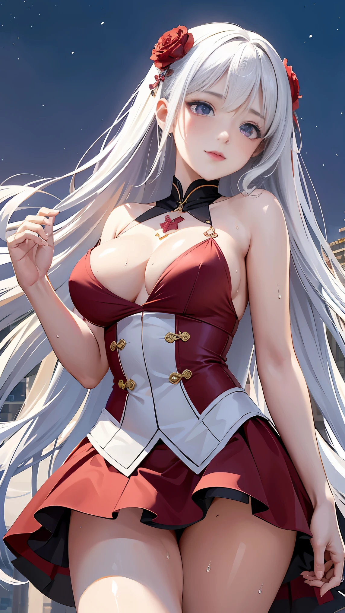 (masterpiece, top quality, best quality, official art, Beautiful and beautiful:1.2), (1 girl:1.3), (Fractal art:1.3),absurd, masterpiece, best quality, actual, Super detailed, (skin shiny, Sweaty:1.4), looking at the audience, 细long, alone,  white sneakers, white miniskirt, long hair, white hair, red eyes, heterochromia, multi coloured eyes, (Thick thighs:0.5), Dynamic lighting, high resolution, sharp focus, depth of field, medium breasts, masterpiece, best quality, Super detailed, illustration, Super detailed face, best quality face, aldult, 1 girl, 18 years old, aldult, Intricately detailed clothing, sexy pose, glowing red dress, Lovely, kawaii, The art of math, delicate eyes, blushing, red cheeks, actual, purple eyes, glowing eyes, top, skirt, open lips, blush, night, sun, sunlight, Lovely, kawaii, The art of math, delicate eyes, Embarrassed expression, long_hair, blushing, moon, Star_\(Sky\), Starry_Sky, full_moon, photoactual, Asian, Miss, Mix 4