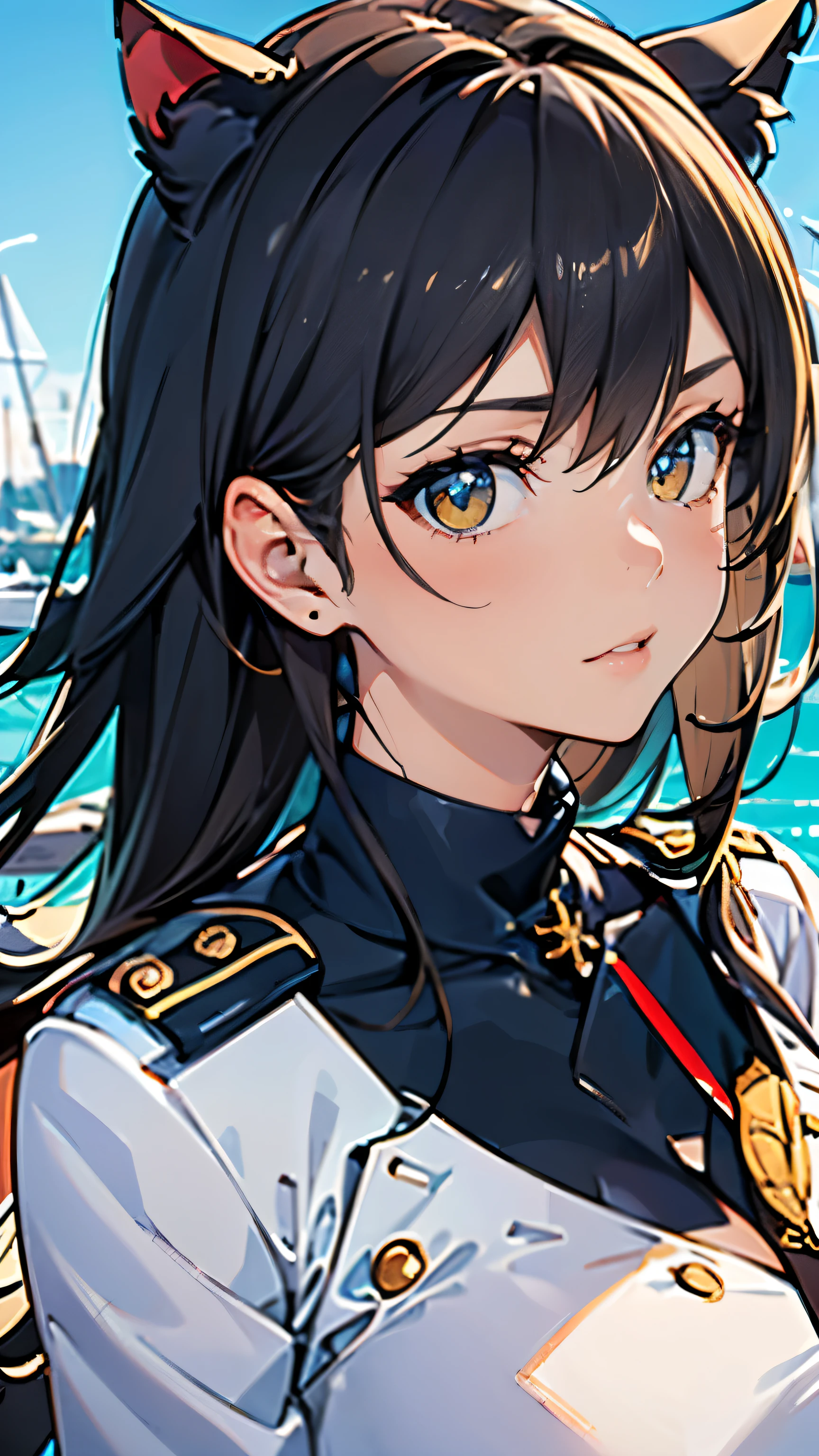 (masterpiece, best quality, RAW photo, intricate details) portrait, closeup, headshot, 1girl / Atago / medium dark hair, amber eyes, cat ears, huge breasts:1.6, ((wearing white admirals uniform)), bokeh, harbour background, blue sky, Azur lane, admiralty, service medals:1.8, epaulettes