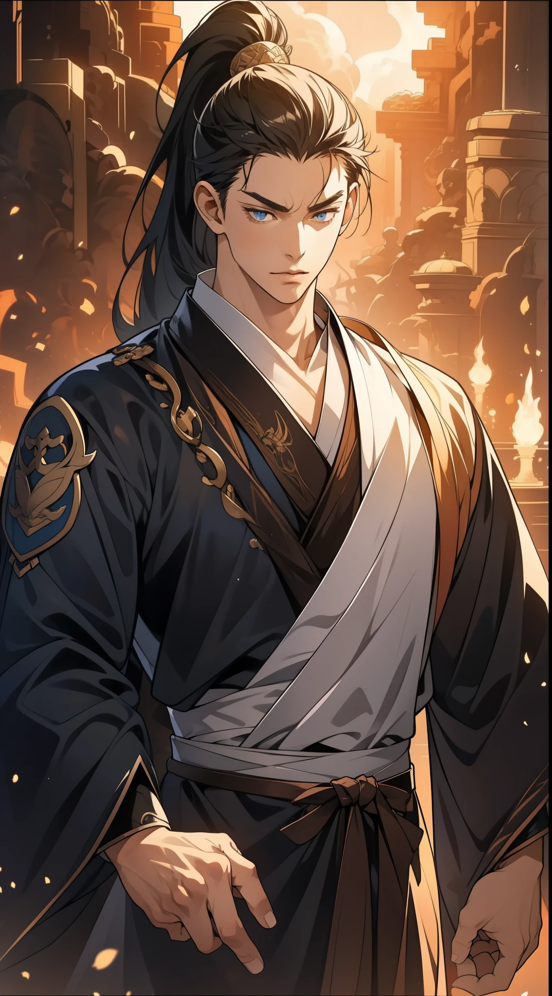 two-dimensional,anime style,one person(male warrior),Correct proportions,facial details,swordsman,high ponytail hairstyle,neck detail,There is an Adam'apple,Black period clothing,joke,black robe,clothing details,transfer,long sleeves,Game quality,fencing,Ray tracing,Ray tracing,Detailed glow,CG rendering,hair details,long black hair,blue eyes,Handsome,Handsome,(feeling of youth),Costumes are complicated,perfect composition,refine,high quality,More details,complex background,a sense of atmosphere,