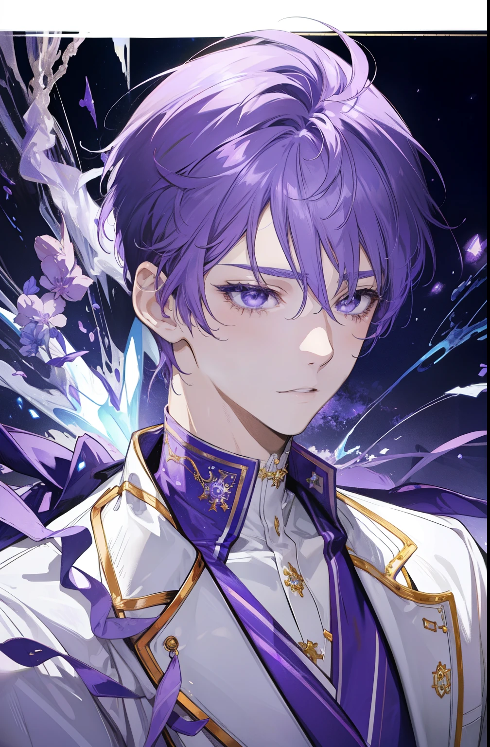 Close-up of a cartoon male character wearing a white and purple leotard dress、boy with short light purple hair、boy with short dark purple hair、boy with purple eyes、solo、zodiac boy、magical boy、portrait zodiac boy、prince of amethyst、purple Scales and purple ribbon cover his chest、Purple Thigh Boots、purple leotard underwear、!!full body portrait!!、 magical boyのスタイル、magical aura、heavenly aura、Lightning aura、anime prince、naughty anime style、Hymn to the King as a Prince、
