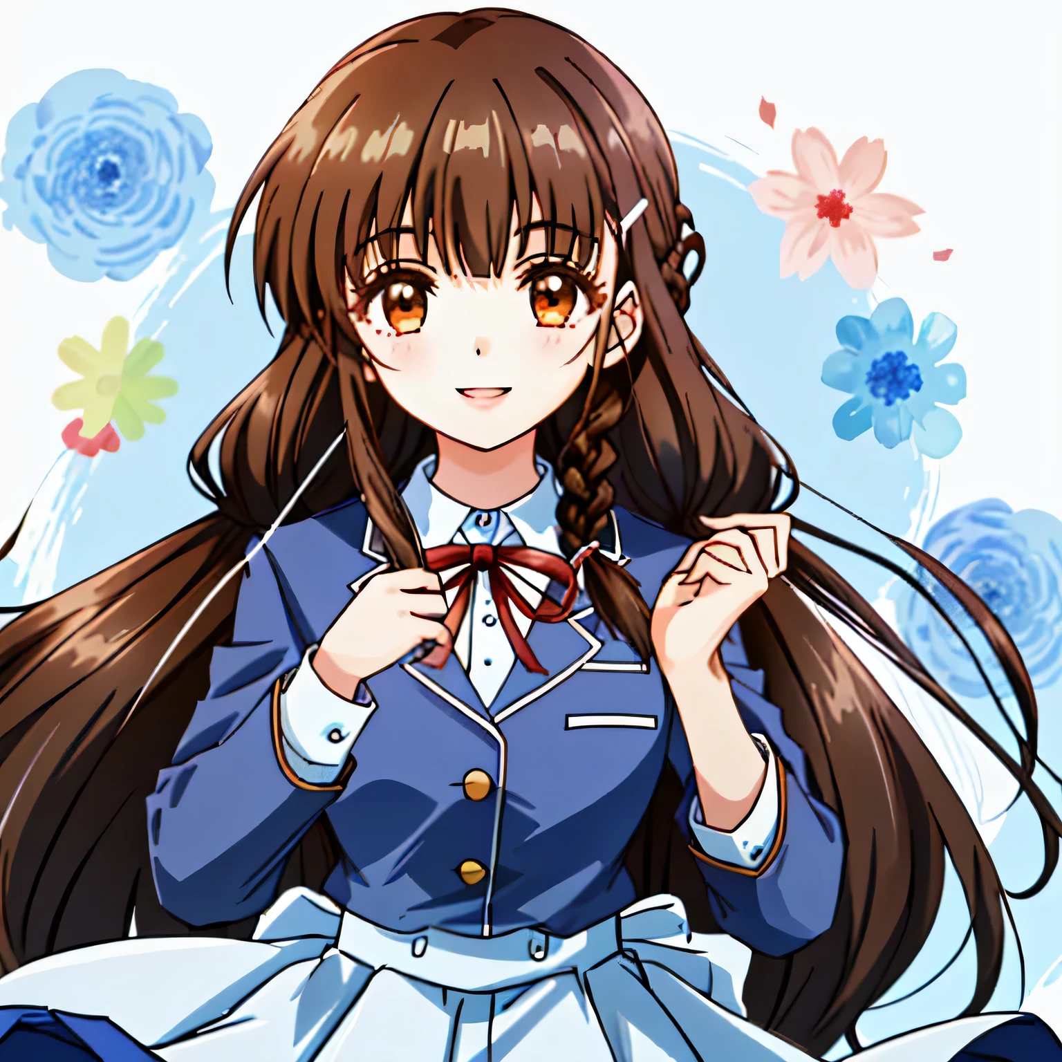 highest quality, (masterpiece:1.2), very detailed, One girl looks at the viewer and smiles, Glossy lips that make you want to kiss, nice smile, brown eyes, (((dark brown hair))), , long braids, big shiny hair clip, school uniform, white shirt, Luxurious navy blazer with a golden patch on the left chest, ((Big red school ribbon on the chest)), very shiny hair、laughter、bright look、Your face and hair shine in the light, The corners of the eyes are drooping, Cute braids, I&#39;m so happy I can jump up, The expression of a maiden in love, (((twin braid hairstyle))), (((A beautiful long skirt with a deep blue plaid pattern..))), A gentle and cute expression staring at the viewer, double eyelid, ((long eyelashes)), pure white background