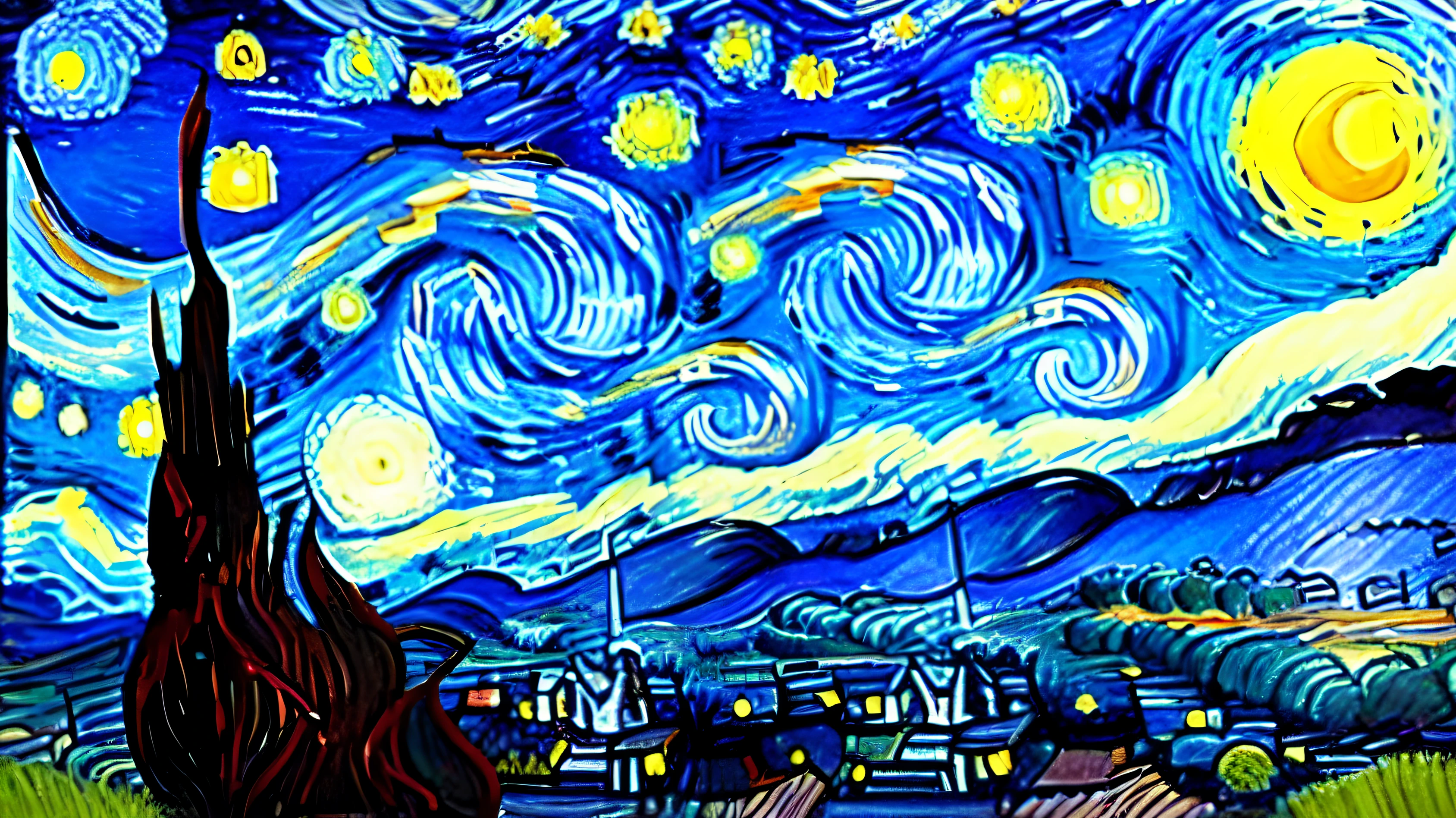 Title: "Starry Night Over the Rice Fields"
Description: In this drawing, imagine an homage to Van Gogh's famous "Starry Night" but set in a rural Asian landscape. The foreground is dominated by lush fields of rippling rice plants, their vibrant green hues contrasting with the deep blues and purples of the night sky above. The sky is alive with swirling clouds and twinkling stars, reminiscent of Van Gogh's iconic style. In the distance, a quaint village with traditional Asian architecture rests beneath the celestial canopy, its rooftops silhouetted against the luminous night sky.
