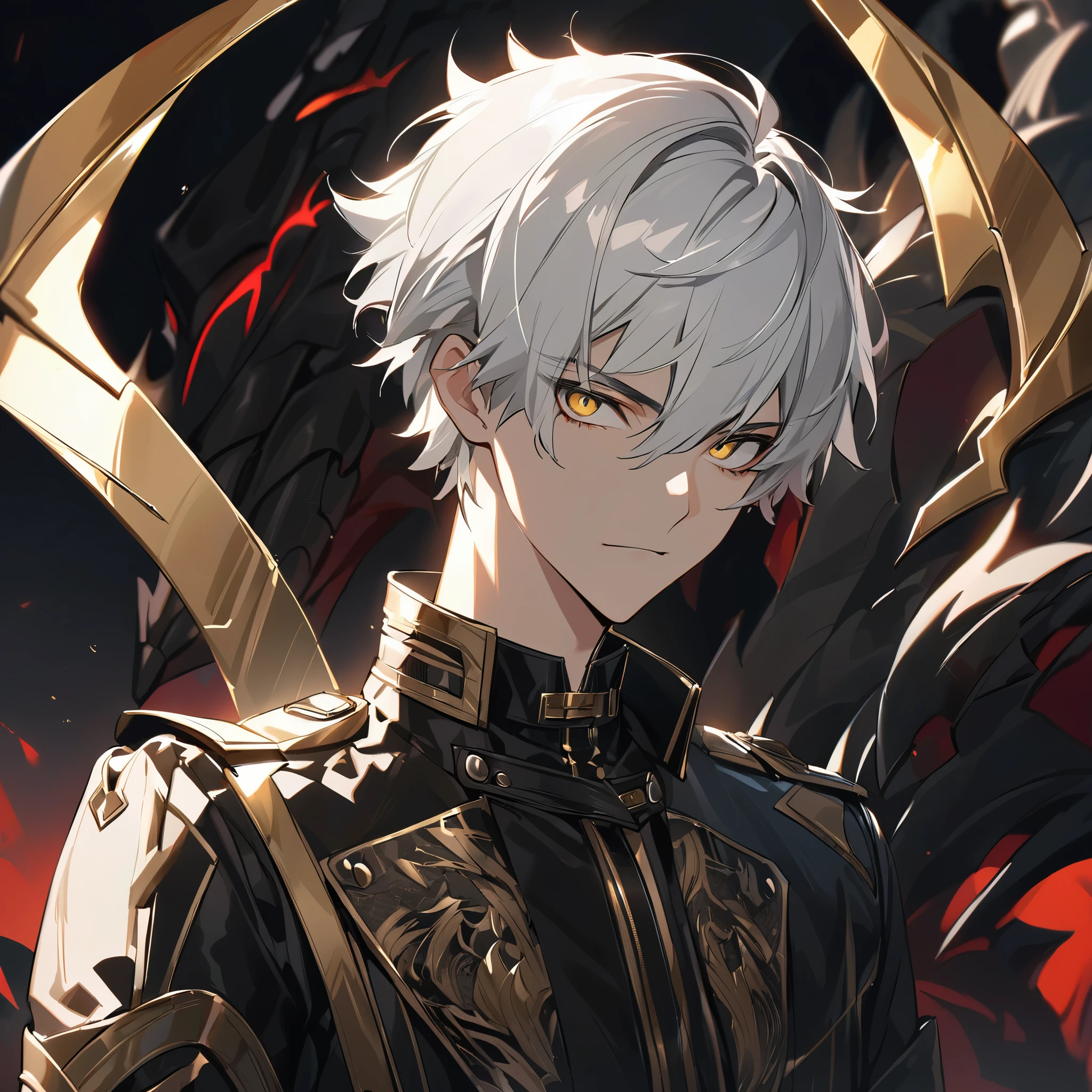 Handsome male, 1male, , teenager, go lining, short white hair, flat cut hair, sharp eyes, gold eyes, devil may cry, close up, calm expression, stoic, black leather clothes, black jacket, black gloves, upper body, looking at viewer, cowboy shot, black dragon background