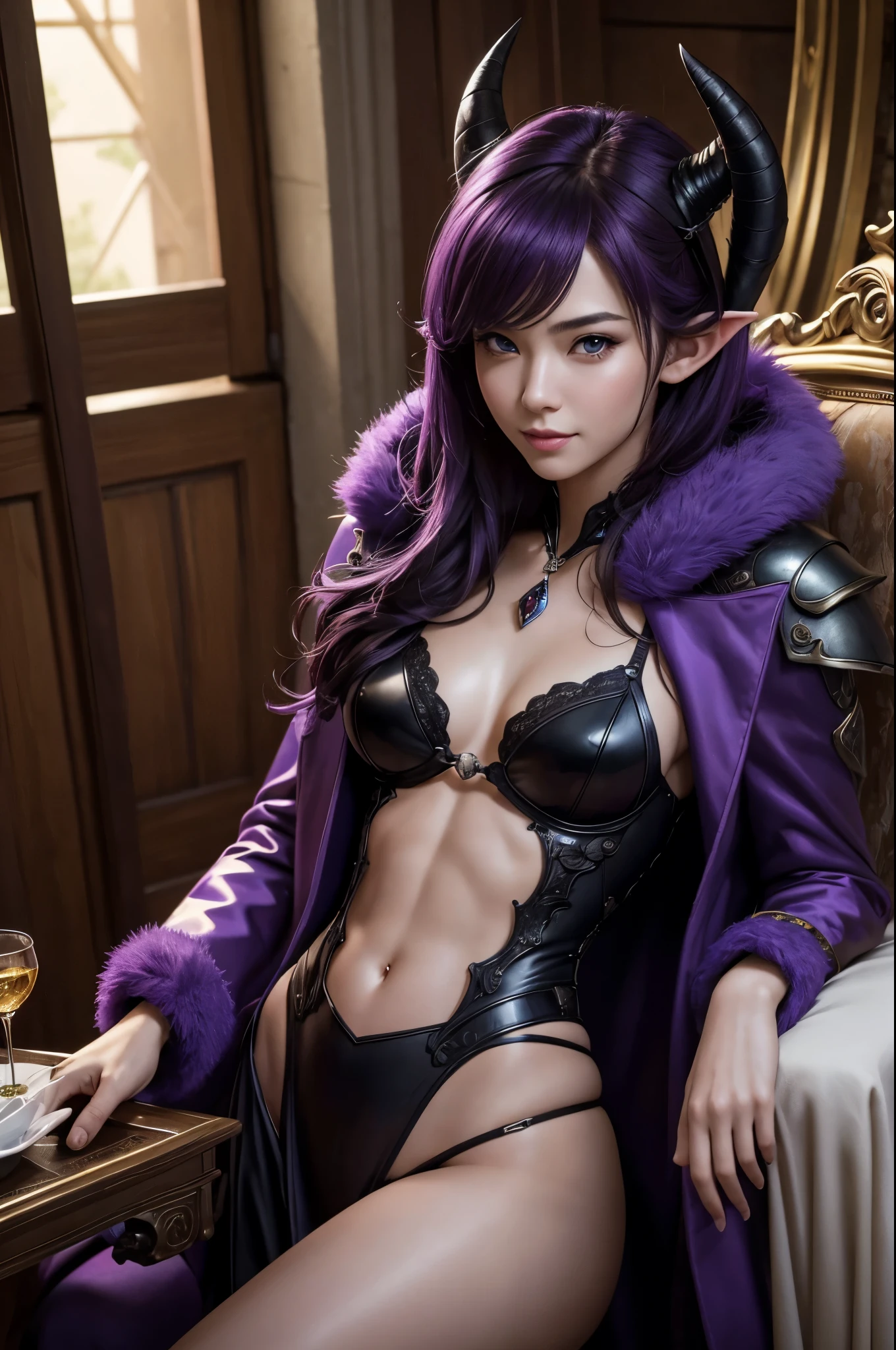 8k,One princess,Super beautiful(like the real thing), (table top, highest quality, realistic, High resolution, photograph, :1.3), very close up shot, sharp focus, 1 Middle-aged woman with short purple hair, devil's horns,30 year old woman of European descent, hot models, Highly detailed eyes and pupils, realistic skin, slim body shape, very fine hair,Macho with a muscular body,delicate and sexy face, sensory gas, glossy lips, ((luxurious purple coat)), muscular slender lower body,small breasts,luxurious black pants and armor,Hold a long, large sword,outdoors, ((realistic, 超realistic, realism, realistic詳細)),Charm,超A high resolution,超realistic,beautiful expression(real looking skin),elf ears,Cast a seductive glance,queen of the underworld,Inside the Royal Palace, masterpiece,highest qualityのフォトリアリスティックなRAWphotograph。bright colors,rich colors, Backlight, cinematic lighting, film grain, to be born, 50mm lens, Nikon D850,detailed character art,fantasy art,超High resolution,super realistic skin,perfect hand shape,Photoreal 生photograph highest quality;1.4 ,smile,
