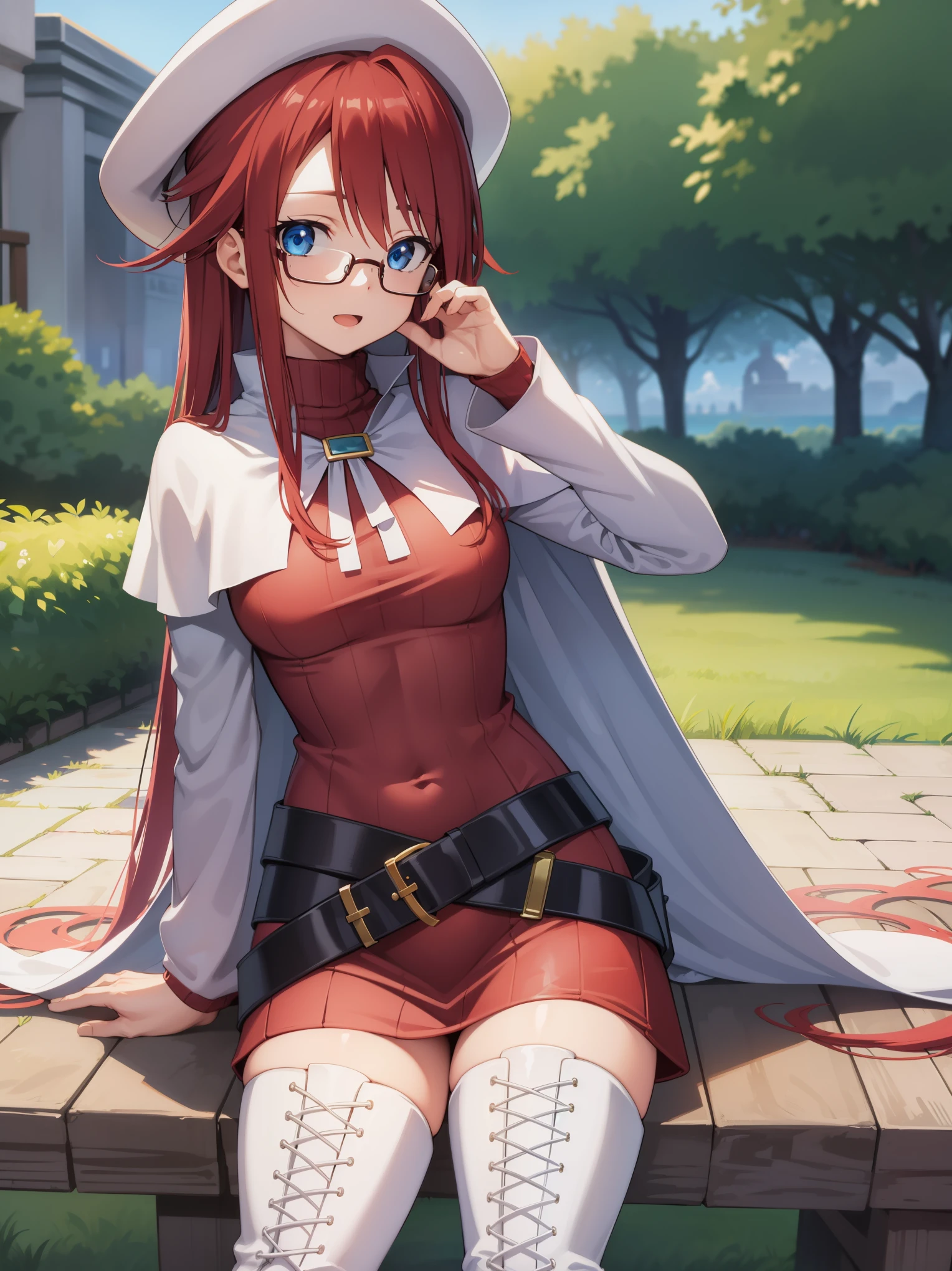 summonnightaty, aty, long hair, blue eyes, red hair, beret, hat, glasses,
BREAK long hair, thighhighs, hat, dress, boots, glasses, belt, cape, sweater, zettai ryouiki, beret, thigh boots, white footwear, ribbed sweater, loose belt,solo,
BREAK outdoors, fantasy_town,
BREAK (masterpiece:1.2), best quality, high resolution, unity 8k wallpaper, (illustration:0.8), (beautiful detailed eyes:1.6), extremely detailed face, perfect lighting, extremely detailed CG, (perfect hands, perfect ???????),covered_nipples,covered_navel,light_smile ,walking,(half_eyes:1.2),light_open_mouth,sword,armpit,sleepy,sitting,red_sweater,
