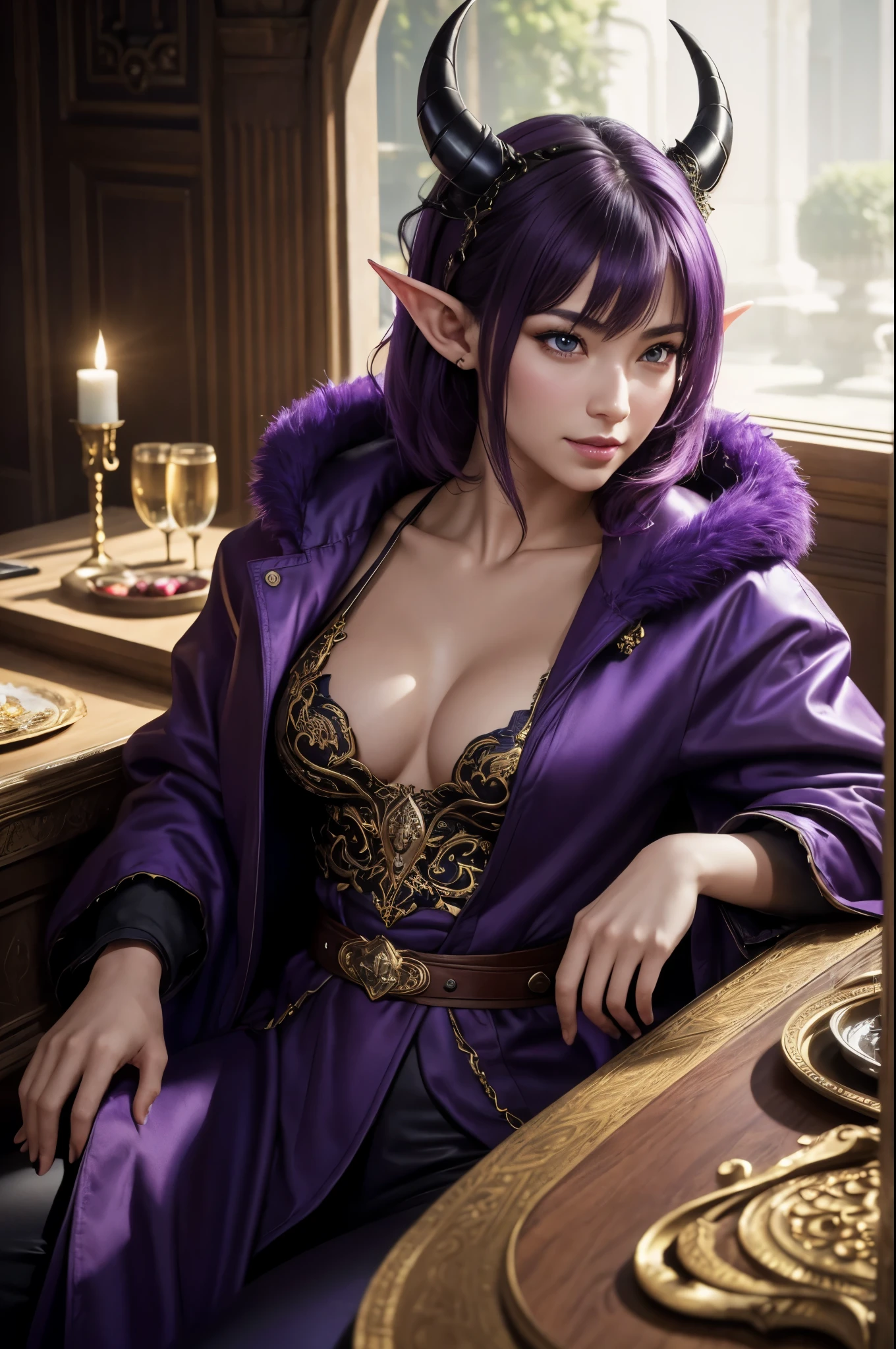 8k,One princess,Super beautiful(like the real thing), (table top, highest quality, realistic, High resolution, photograph, :1.3), very close up shot, sharp focus, 1 Middle-aged woman with short purple hair, devil's horns,30 year old woman of European descent, hot models, Highly detailed eyes and pupils, realistic skin, slim body shape, very fine hair,Macho with a muscular body,delicate and sexy face, sensory gas, glossy lips, ((luxurious purple coat)), muscular slender lower body,small breasts,luxurious black pants and armor,Hold a long, large sword,outdoors, ((realistic, 超realistic, realism, realistic詳細)),Charm,超A high resolution,超realistic,beautiful expression(real looking skin),elf ears,Cast a seductive glance,queen of the underworld,Inside the Royal Palace, masterpiece,highest qualityのフォトリアリスティックなRAWphotograph。bright colors,rich colors, Backlight, cinematic lighting, film grain, to be born, 50mm lens, Nikon D850,detailed character art,fantasy art,超High resolution,super realistic skin,perfect hand shape,Photoreal 生photograph highest quality;1.4 ,smile,