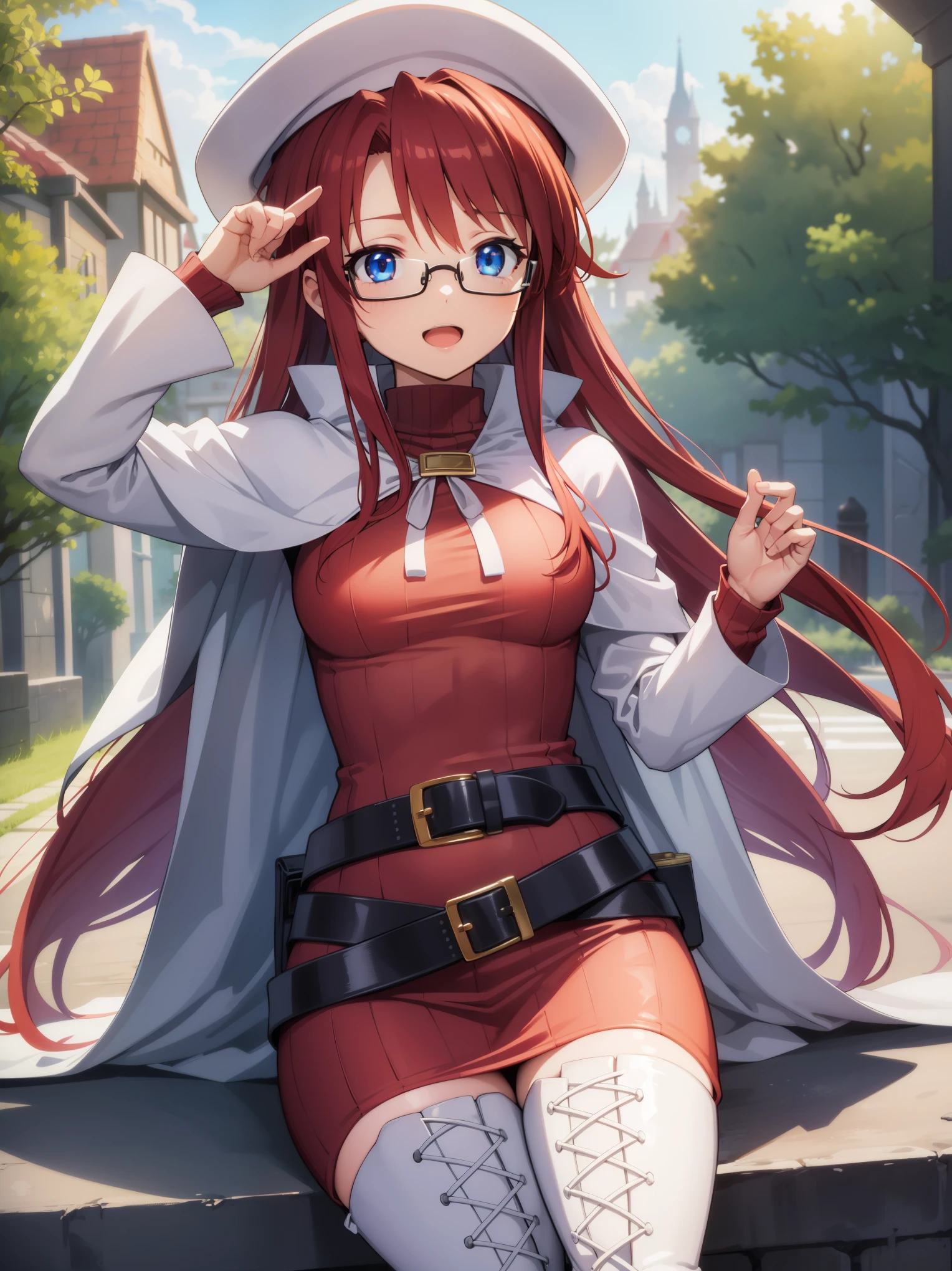 summonnightaty, aty, long hair, blue eyes, red hair, beret, hat, glasses,
BREAK long hair, thighhighs, hat, dress, boots, glasses, belt, cape, sweater, zettai ryouiki, beret, thigh boots, white footwear, ribbed sweater, loose belt,solo,
BREAK outdoors, fantasy_town,
BREAK (masterpiece:1.2), best quality, high resolution, unity 8k wallpaper, (illustration:0.8), (beautiful detailed eyes:1.6), extremely detailed face, perfect lighting, extremely detailed CG, (perfect hands, perfect anatomy),covered_nipples,covered_navel,light_smile ,walking,(half_eyes:1.2),light_open_mouth,sword,armpit,sleepy,sitting,red_sweater,