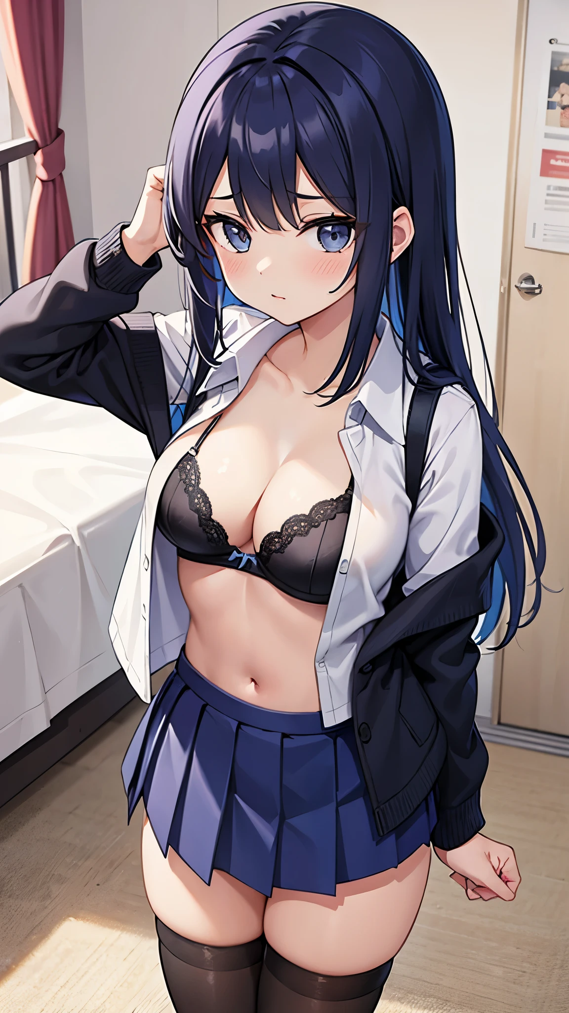 Vibrant colors, a girl, standing in bedroom, school uniform, pulling shirt off, black bra, navy blue skirt, blue thigh highs, 