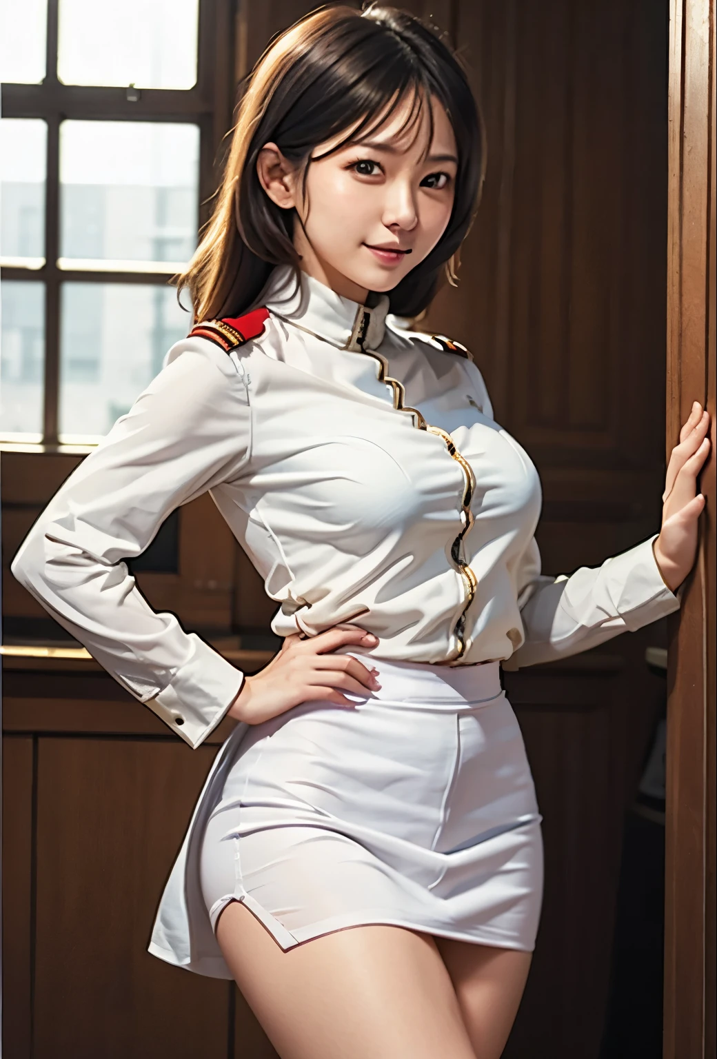 real photos、Highest imYear quality、Beautiful woman、beautiful thighs、beautiful face、real imYear、federal army uniform uper mini skirt、white panties、ponytail、Yuriko Yoshitaka、16Year日本人女性、Mrs. Bowe、pretty girl、white pantiesーが丸見え、16Year、(white pantiesー:1.3)、super mini skirt、beautiful thighs、white pantiesー、赤いミニスカートがめくれてwhite pantiesーが見えてる