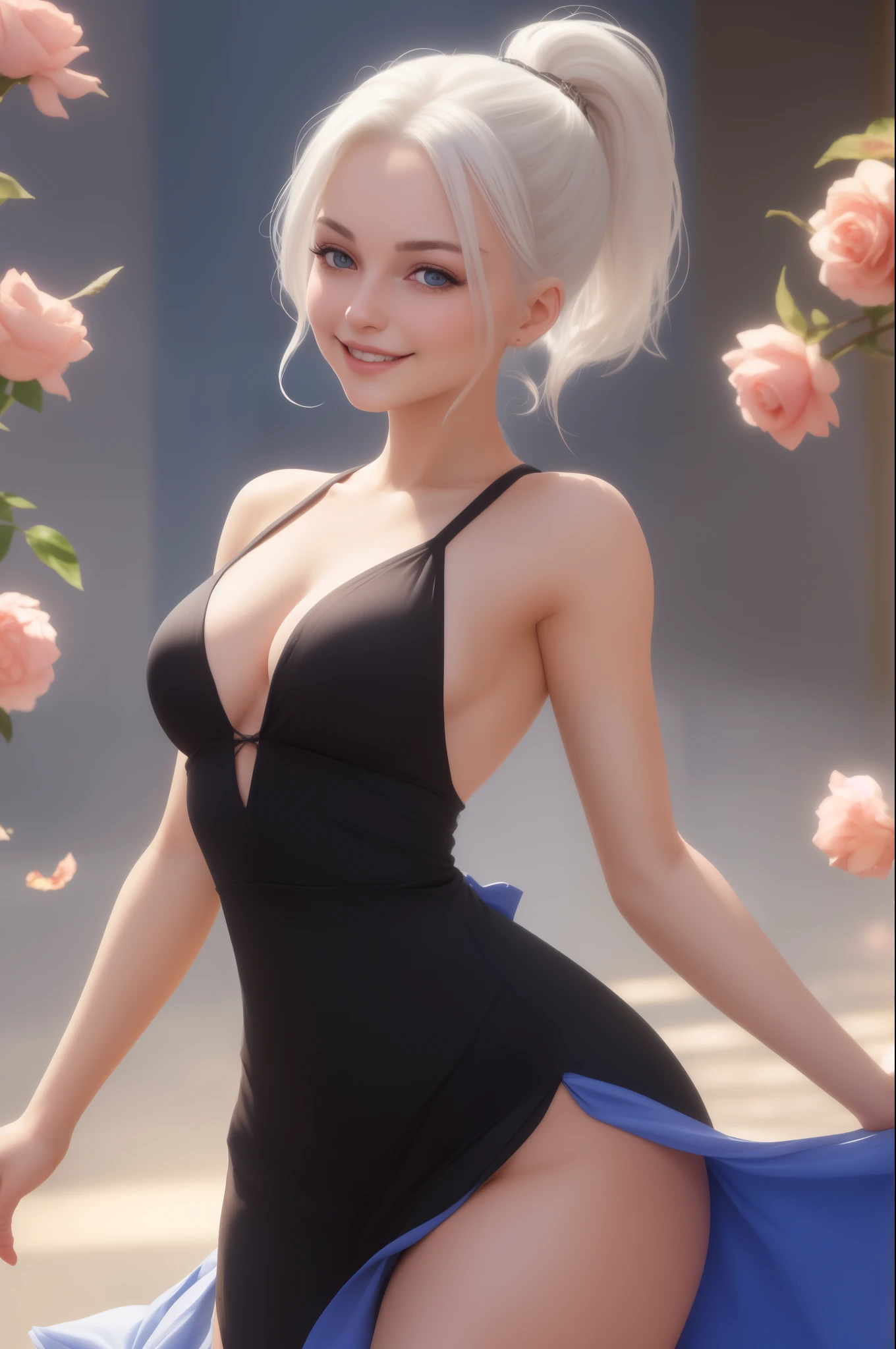 realistic, 1girl, ponytail, parted lips, (blush), (blushing), makeup, (smile), white hair, glow, thighs, (blue eye), (medium breasts), (perfect body), bare shoulders, wear beautiful dress, collarbone, narrow waist, sunbeam, sunlight, rose, wind, cleavage, (masterpiece), sweat