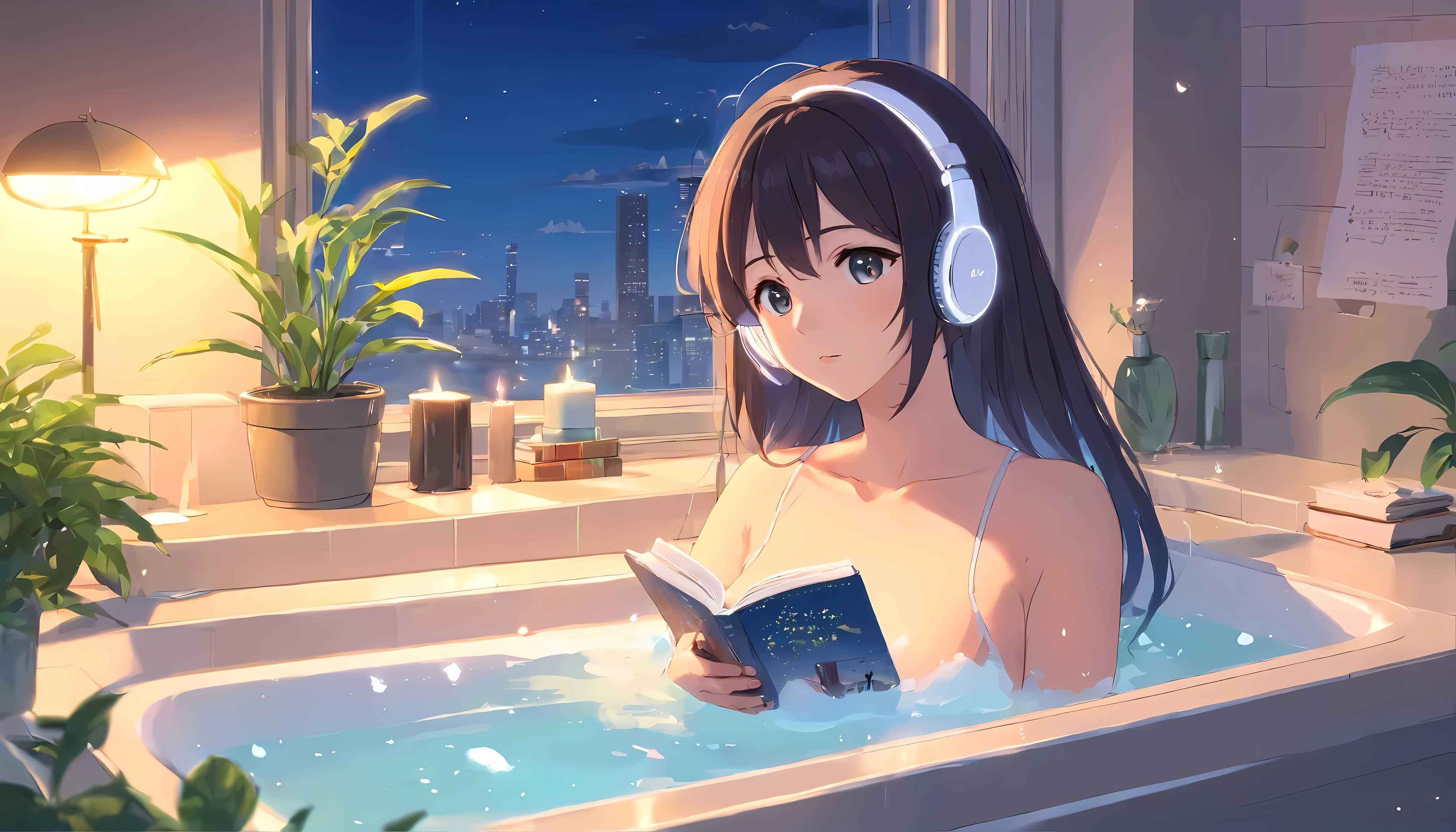 anime girl wearing White headphoness, reading a book, black hair, 29-year-old, take a bath, in the bathroom, exposed cleavage, Big breasts H cup, emphasize cleavage, Emphasize heavily, expose one's skin, lofi girl anime atmosphere, Lofiatostyle, anime style 4k, anime aesthetics, Nightcore, Lofi feeling, Lofiato, anime art wallpaper 4k, anime wallpaper 4k, Lo-fi atmosphere, plants in the room, City view, sunrise, White headphones, she is reading a book in the bath, Heavenly music that fills the air, A single thick candle is lit, Night city lights illuminate the bathroom, anime style, cinematic lighting, Sony FE manager, first person perspective, masterpiece, highest quality, 4k