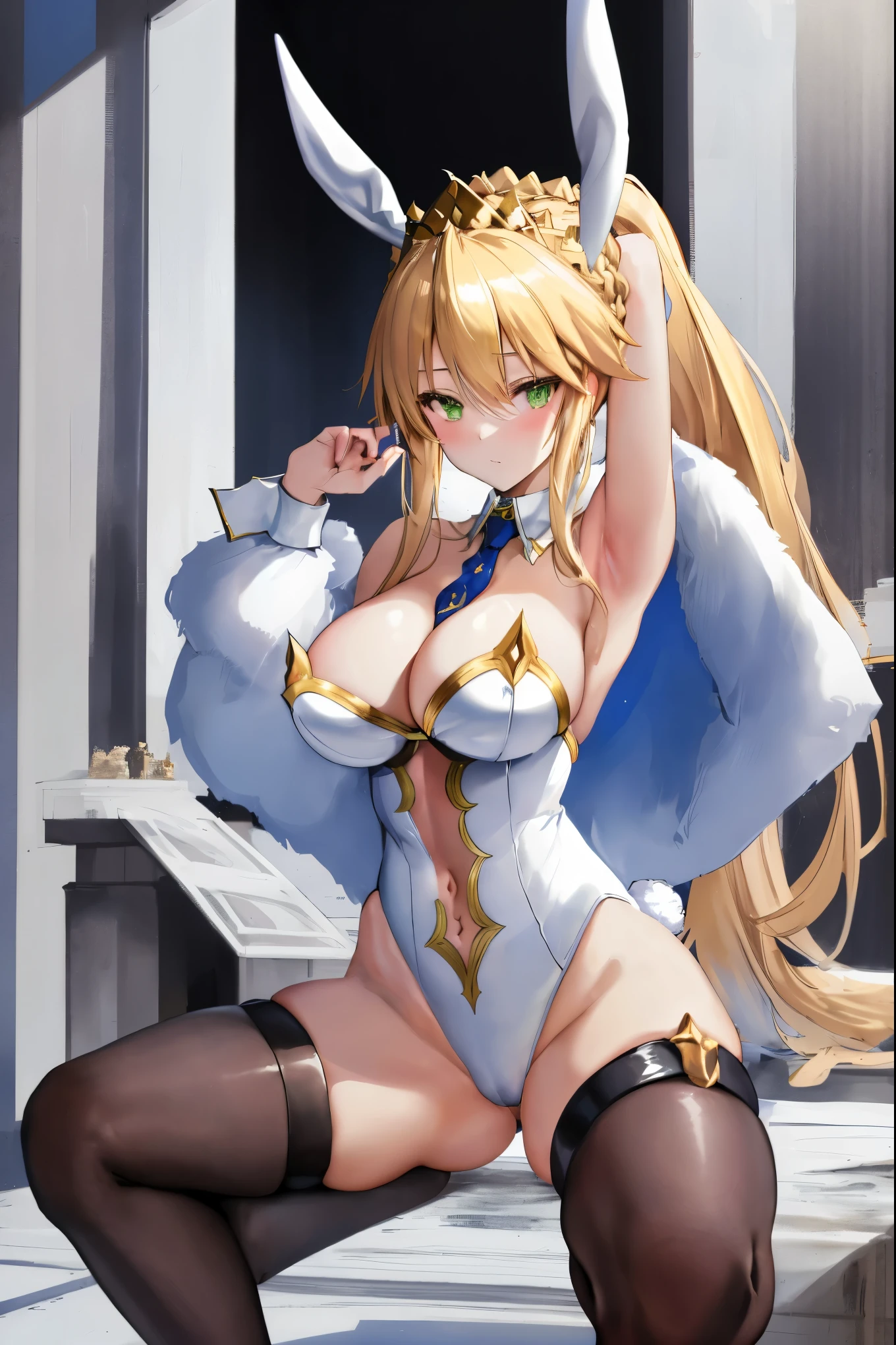 masterpiece, best quality, absurdres, looking at viewer, (light_smile:0.6),
1girl, ahoge, rabbit ears, playboy bunny, artoria pendragon \(swimsuit ruler\) \(fate\), large breasts , blonde hair, green eyes, french braid,  pony tail
bare shoulders, large breasts , cleavage,
clothing cut out, wrist cuffs, detached collar, cutout, feather boa,
white leotard, blue necktie, blue pantyhose, single thigh strap, hands_above_head,(squat:1.3),(spread_legs:1.3),rabbit_pose,armpits,solo,