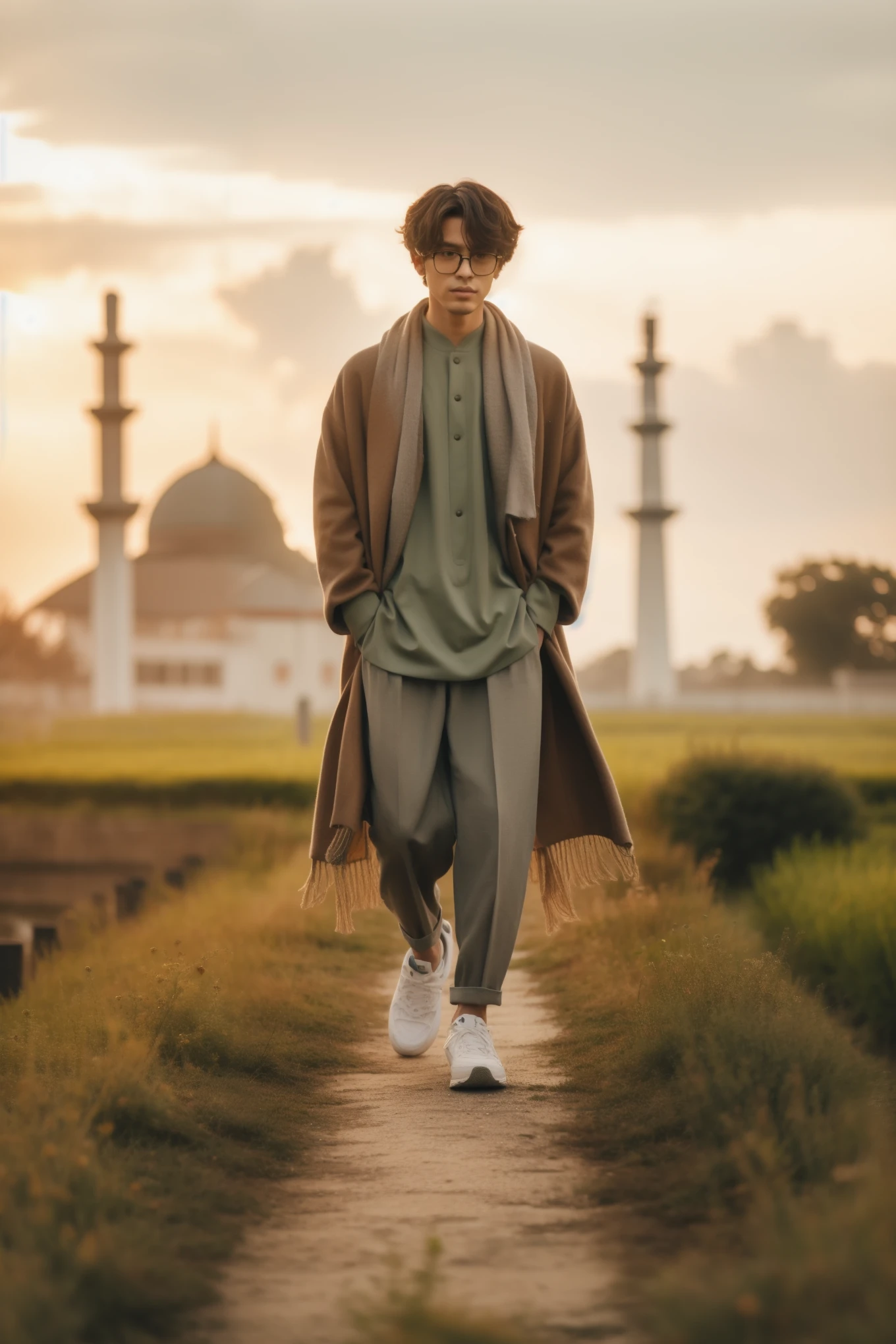 arafed man walking down a path with a coat over his shoulders, mid shot portrait, portrait shot, casual clothing style, dressed with long fluent clothes, cinematic outfit photo, medium shot portrait, inspired by Ismail Acar, by Basuki Abdullah, inspired by Amir Zand, mohamed chahin style, style of ade santora, taken at golden hour