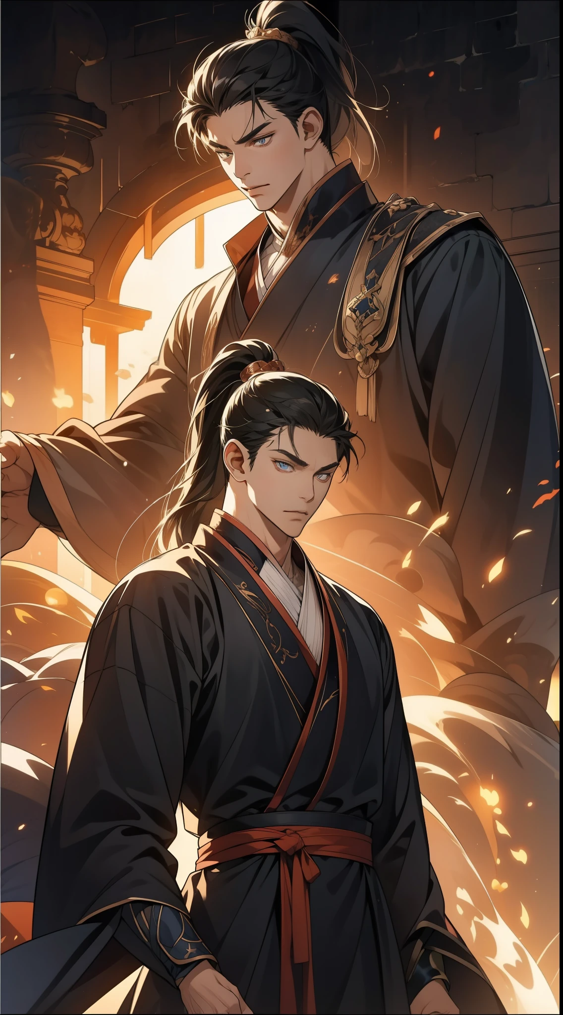 two-dimensional，anime style，one person（male warrior），Correct proportions，facial details，swordsman，high ponytail hairstyle，neck detail，There is an Adam&#39;apple，Black period clothing，joke，black robe，clothing details，transfer，long sleeves，Game quality，fencing，Ray tracing，Ray tracing，Detailed glow，CG rendering，hair details，long black hair，blue eyes，Handsome，Handsome，（feeling of youth），Costumes are complicated，perfect composition，refine，high quality，More details，complex background，a sense of atmosphere，