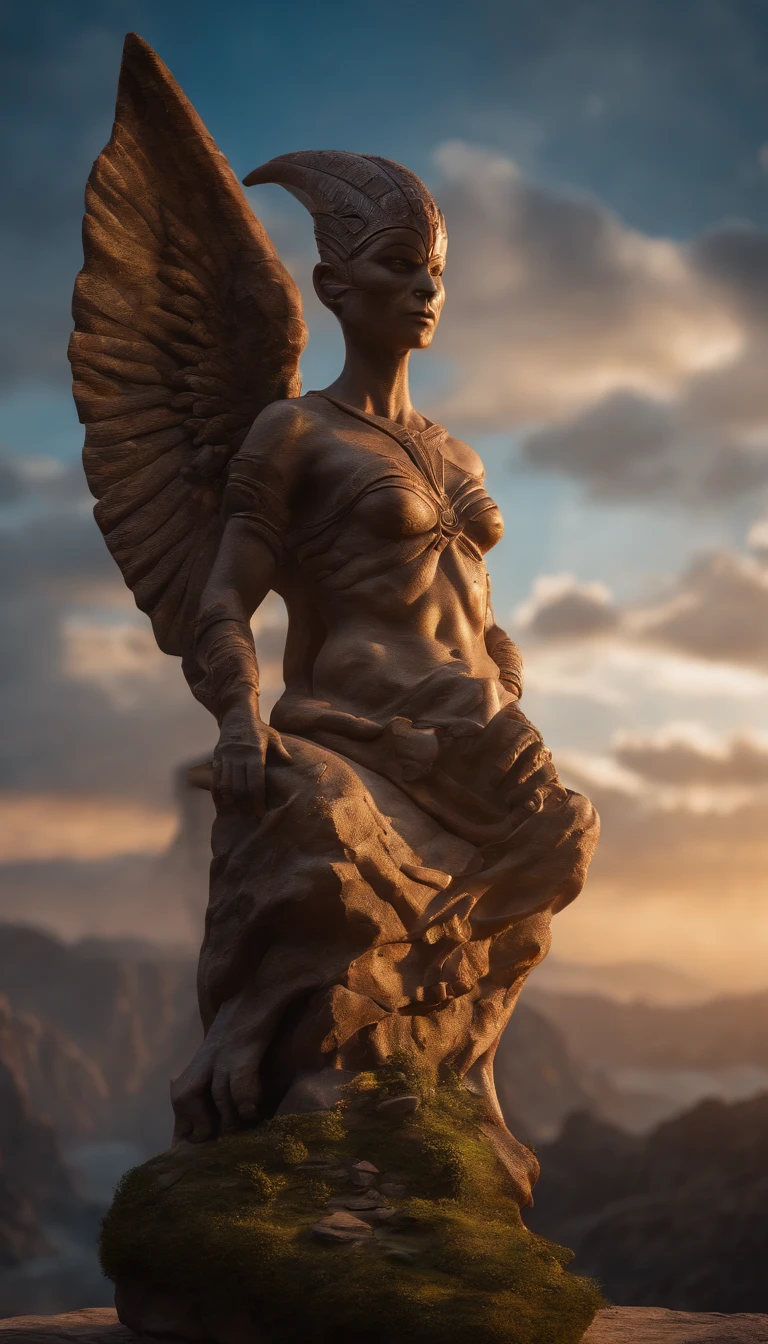 (best quality,8K,highres,masterpiece:1.2),ultra-detailed,(realistic:1.37),solid wood combined with stone,alien sculpture standing,works of masters,landscape,portrait,concept artists,sharp focus,vivid colors,bokeh,studio lighting,colored lighting