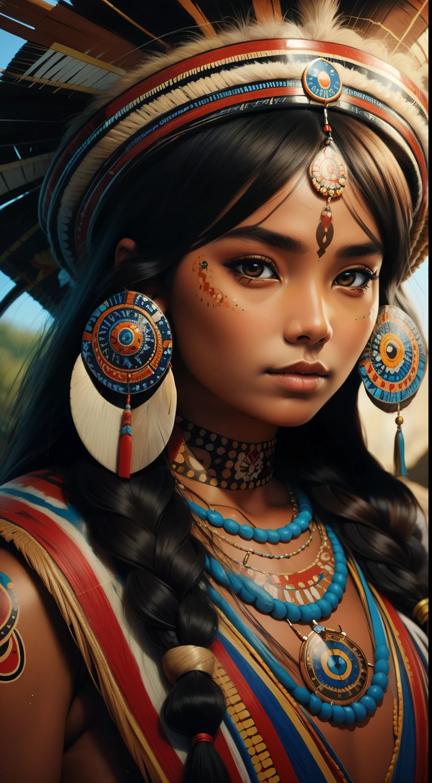 Beautiful indigenous woman , masterpiece, fully detailed, detailed face and body , Indigenous painting on the face , best possible quality, Bright reflected light , pierce the nose with crossed bones, , typical piercing, Aboriginal culture, Know more about everything , 8k、fat girl、