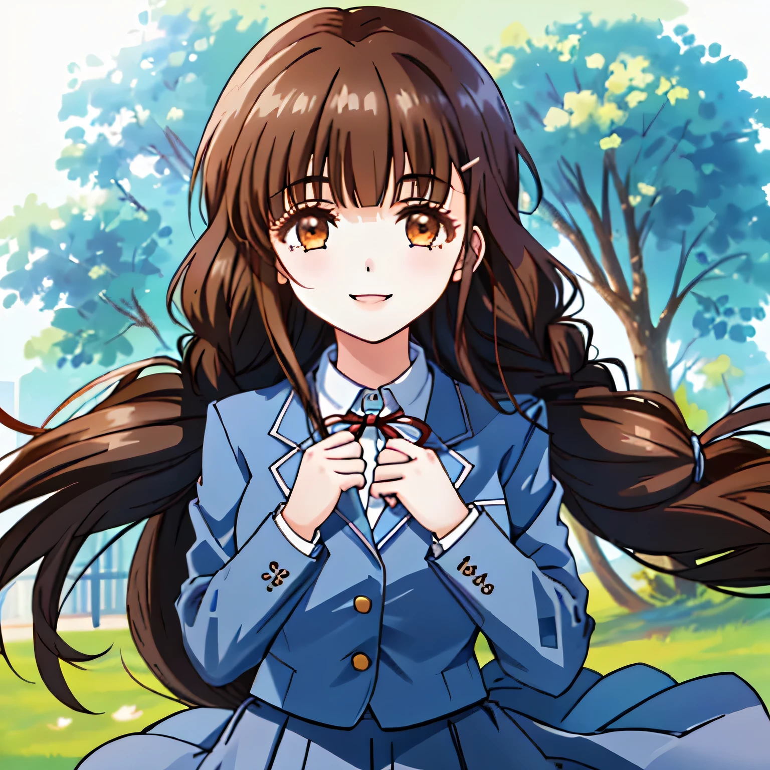 highest quality, (masterpiece:1.2), very detailed, One girl looks at the viewer and smiles, Glossy lips that make you want to kiss, nice smile, brown eyes, (((dark brown hair))), , long braids, big shiny hair clip, school uniform, white shirt, Luxury navy blazer with golden emblem on the left chest, ((Big red school ribbon on the chest)), very shiny hair、laughter、bright look、Your face and hair shine in the light, The corners of the eyes are drooping, Cute braids, I'm so happy I can jump up, The expression of a maiden in love, (((twin braid hairstyle))), (((The long skirt has a beautiful navy blue check pattern..))), A gentle and cute expression staring at the viewer, double eyelid, ((long eyelashes)), pure white background