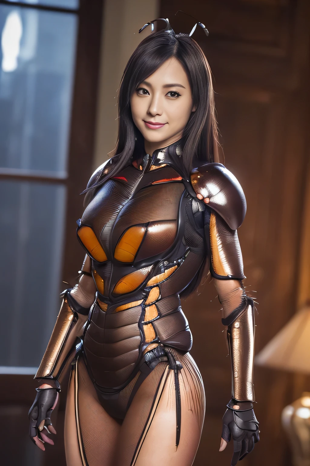 (High resolution,masterpiece,highest quality,Very detailed CG, anime, official art:1.4), realistic, photograph, amazing detail, everything is complicated, shiny and glossy,Amazing number of layers, 8K wallpaper, 3D, sketch, cute, figure,( alone:1.4), perfect female proportions,villain&#39;s daughter, (Fusion of dark brown cockroach and lady:1.4), (brown cockroach woman:1.2), (brown cockroach woman:1.2), (Fusion:1.2), (alone:1.4), (evil smile:1.2), muscular, abs, (Cockroach brown exoskeleton bio insect suit:1.4), (Cockroach brown exoskeleton bio insect armor:1.2), (brown transparent cockroach feathers:1.4), (Antennae of brown cockroaches:1.3),