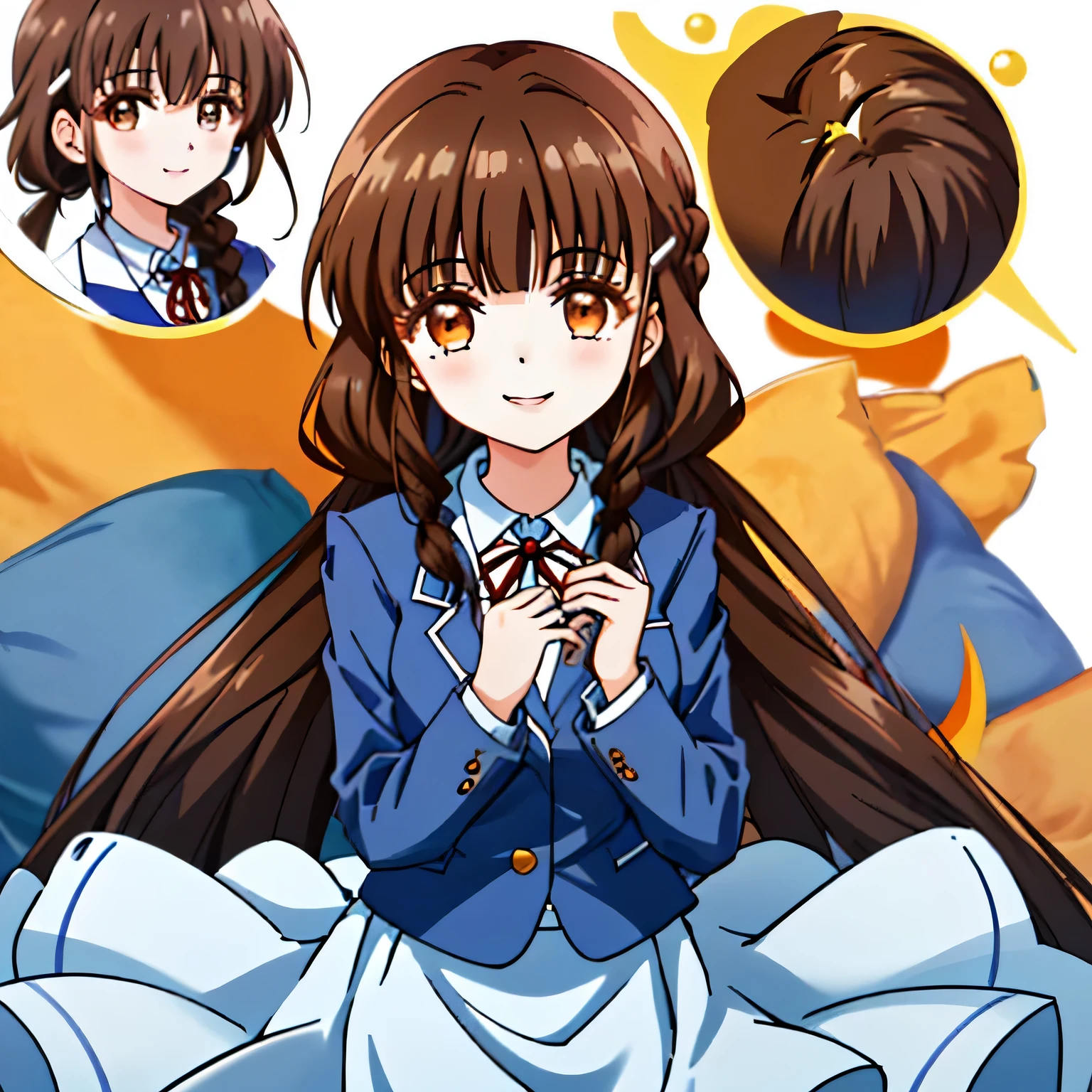 highest quality, (masterpiece:1.2), very detailed, One girl looks at the viewer and smiles, Glossy lips that make you want to kiss, nice smile, brown eyes, (((dark brown hair))), , long braids, big shiny hair clip, school uniform, white shirt, Luxury navy blazer with golden emblem on the left chest, ((Big red school ribbon on the chest)), very shiny hair、laughter、bright look、Your face and hair shine in the light, The corners of the eyes are drooping, Cute braids, I'm so happy I can jump up, The expression of a maiden in love, (((twin braid hairstyle))), (((The long skirt has a beautiful navy blue check pattern..))), A gentle and cute expression staring at the viewer, double eyelid, ((long eyelashes)), pure white background