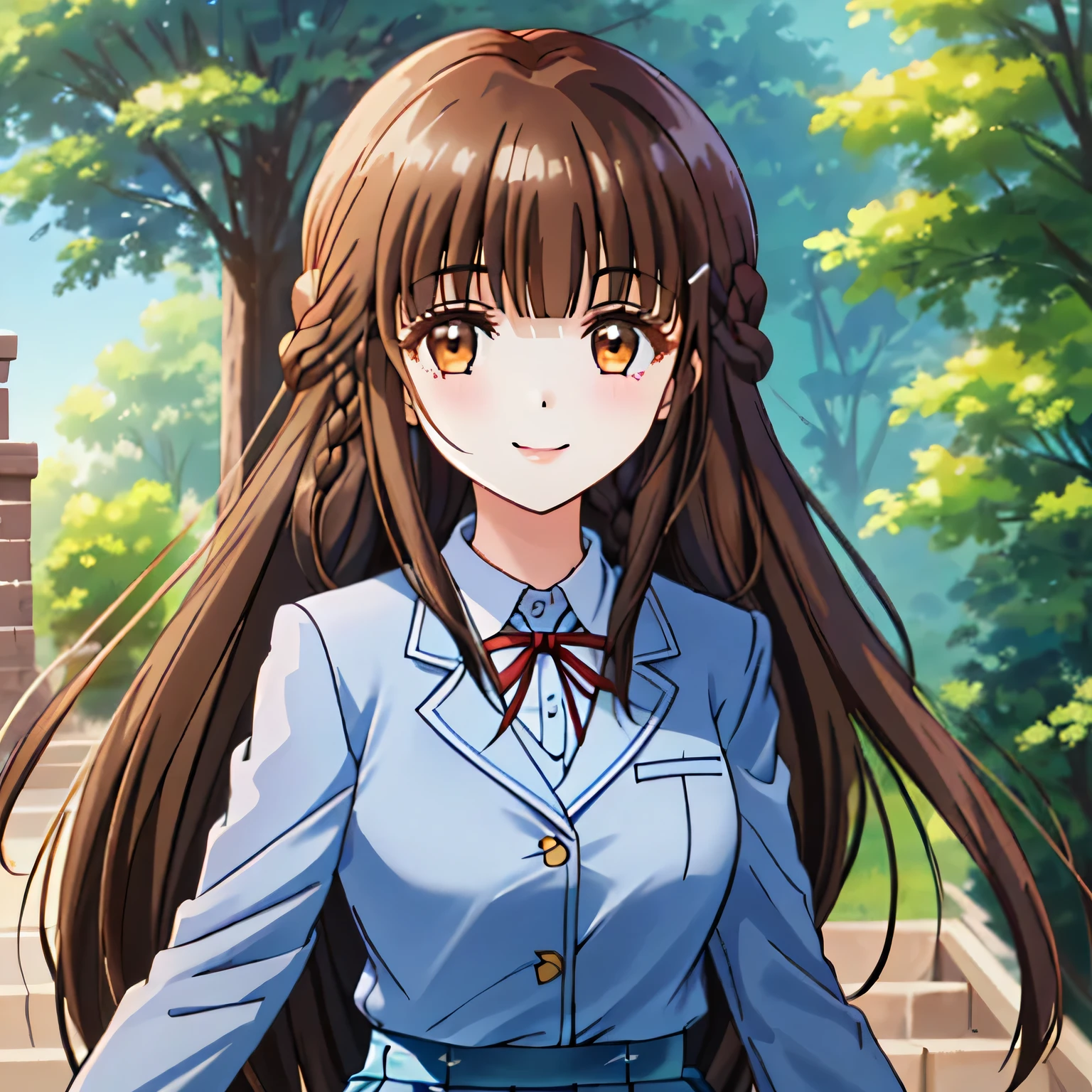 highest quality, (masterpiece:1.2), very detailed, One girl looks at the viewer and smiles, Glossy lips that make you want to kiss, nice smile, brown eyes, (((dark brown hair))), 15 years old, long braids, big shiny hair clip, school uniform, white shirt, Luxury navy blazer with golden emblem on the left chest, ((Big red school ribbon on the chest)), very shiny hair、laughter、bright look、Your face and hair shine in the light, The corners of the eyes are drooping, Cute braids, I&#39;m so happy I can jump up, The expression of a maiden in love, (((twin braid hairstyle))), (((The long skirt has a beautiful navy blue check pattern..))), A gentle and cute expression staring at the viewer, double eyelid, ((long eyelashes)), pure white background