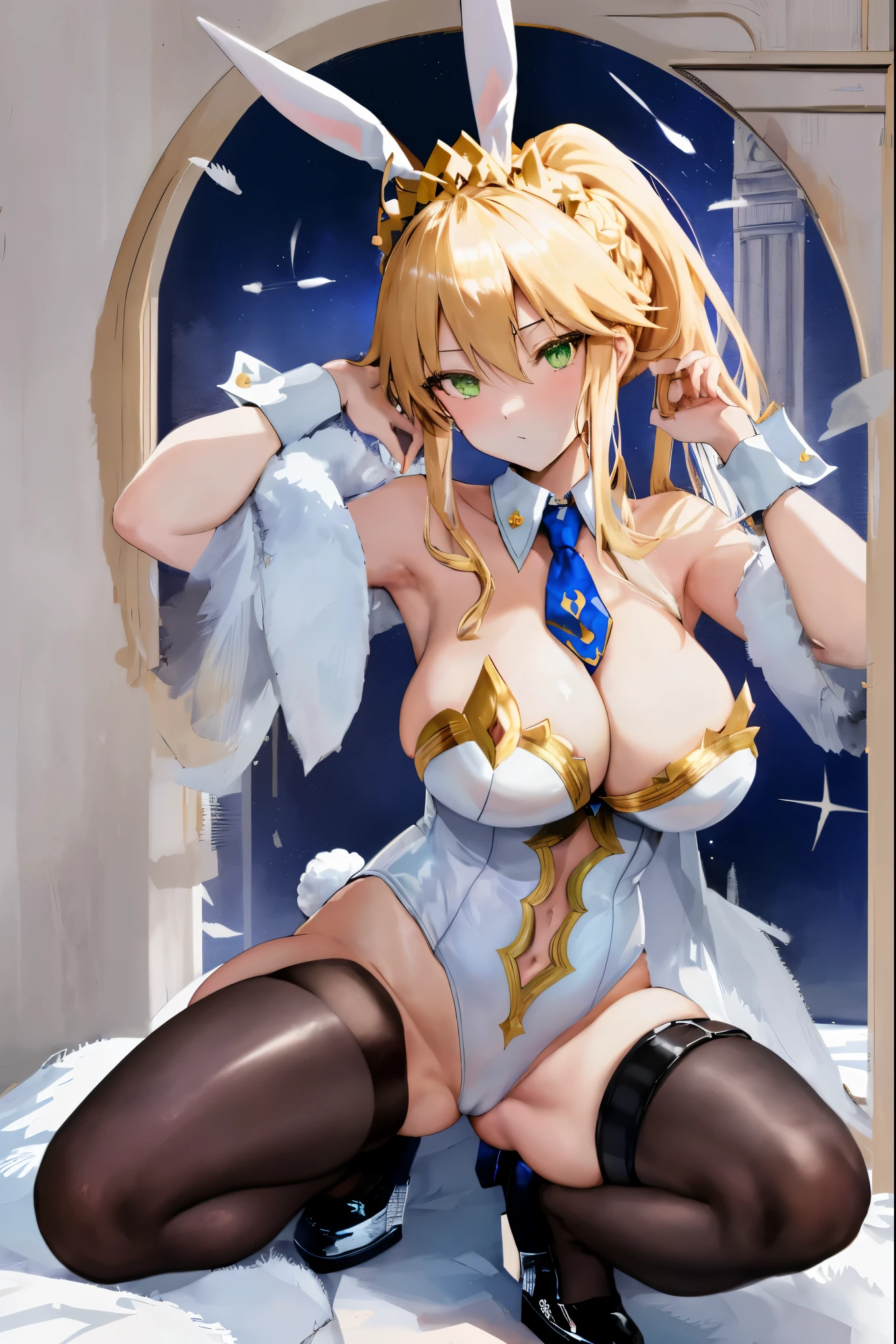 masterpiece, best quality, absurdres, looking at viewer, (light_smile:0.6),
1girl, ahoge, rabbit ears, playboy bunny, artoria pendragon \(swimsuit ruler\) \(fate\), large breasts , blonde hair, green eyes, french braid,  pony tail
bare shoulders, large breasts , cleavage,
clothing cut out, wrist cuffs, detached collar, cutout, feather boa,
white leotard, blue necktie, blue pantyhose, single thigh strap, hands_above_head,(squat:1.3),(spread_legs:1.3),rabbit_pose,armpits,solo,