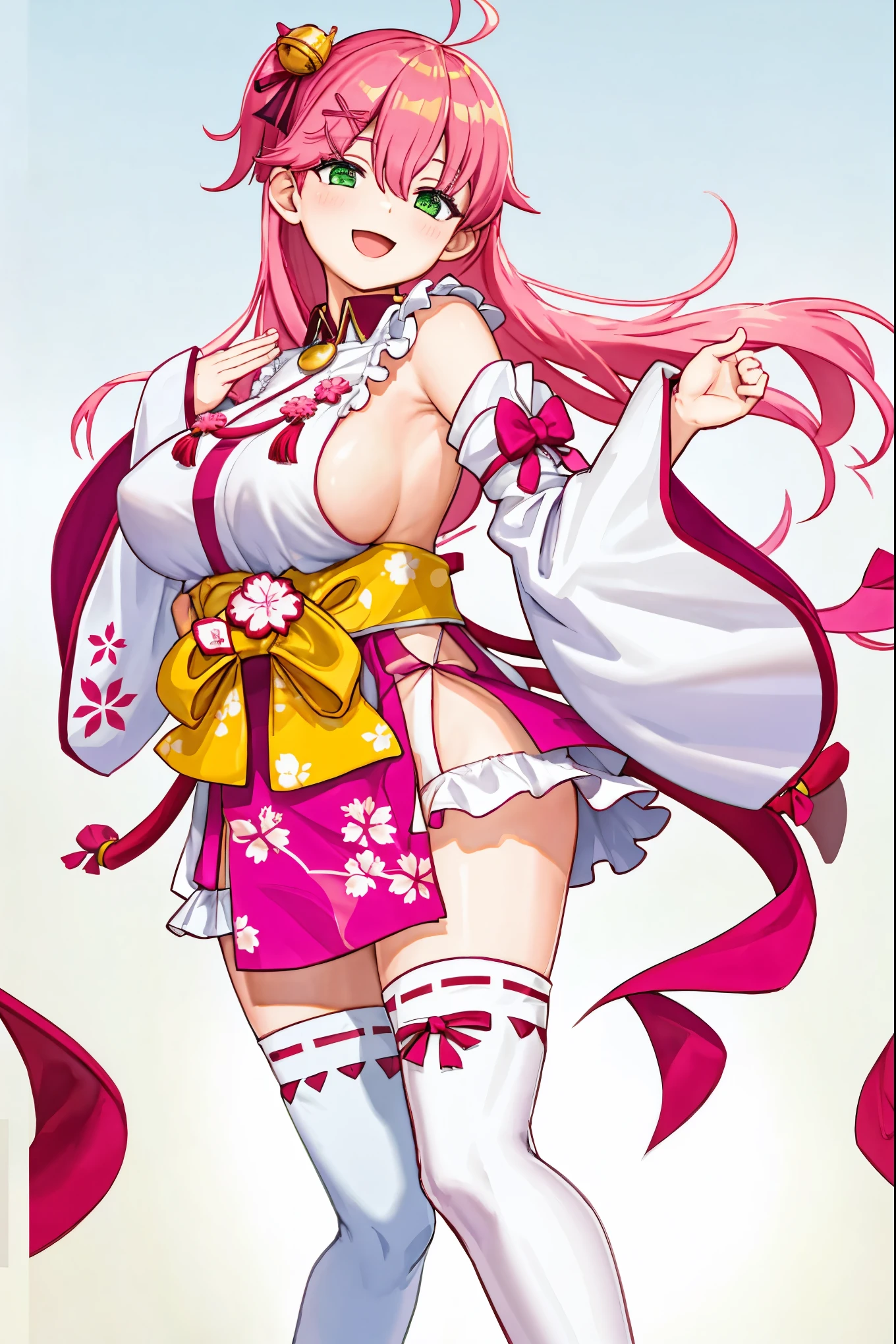 masterpiece, best quality, highres, miko1, sakura_miko, 1girl, green eyes, solo, ahoge, x_hair_ornament, pink_hair, floral print, hairclip,side_less_clothes, (sideboobs:1.4), hair_bell, floral print, long_hair, hair between eyes, one side up, white thighhighs, asymmetrical legwear, wide sleeves, open_mouth,happy,close_eyes, smile,jumping,rising_leg,plump,apart_legs,(overly_long_sleeves:1.1),(beautiful_fingers),sleeves_past_wrists,hands_hidden_sleeves,japanese_temple_background,