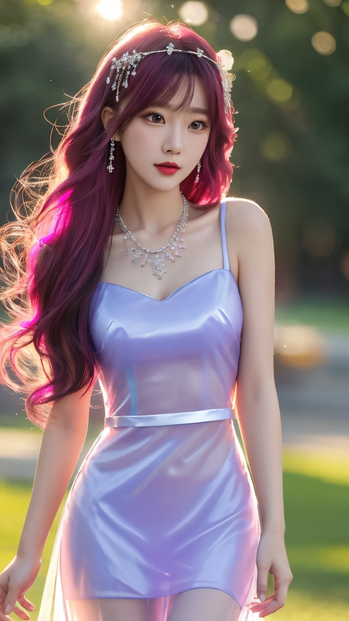 Top Quality, Masterpiece, High Resolution, 1girl, Cheongsam, very long hair, Hair Ornament, Necklace, Jewelry, Beautiful Face, upon_body, Tyndall Effect, Rim Lighting, Two-Tone Lighting, (High Detail Skin: 1.2), 8K UHD, DSLR, Soft Lighting, High Quality, Volumetric Lighting, Candid, Photography, High Resolution, 4K, 8K, Bokeh, magenta Hair, (Transparent dress:1.4), magenta dress, in the park,