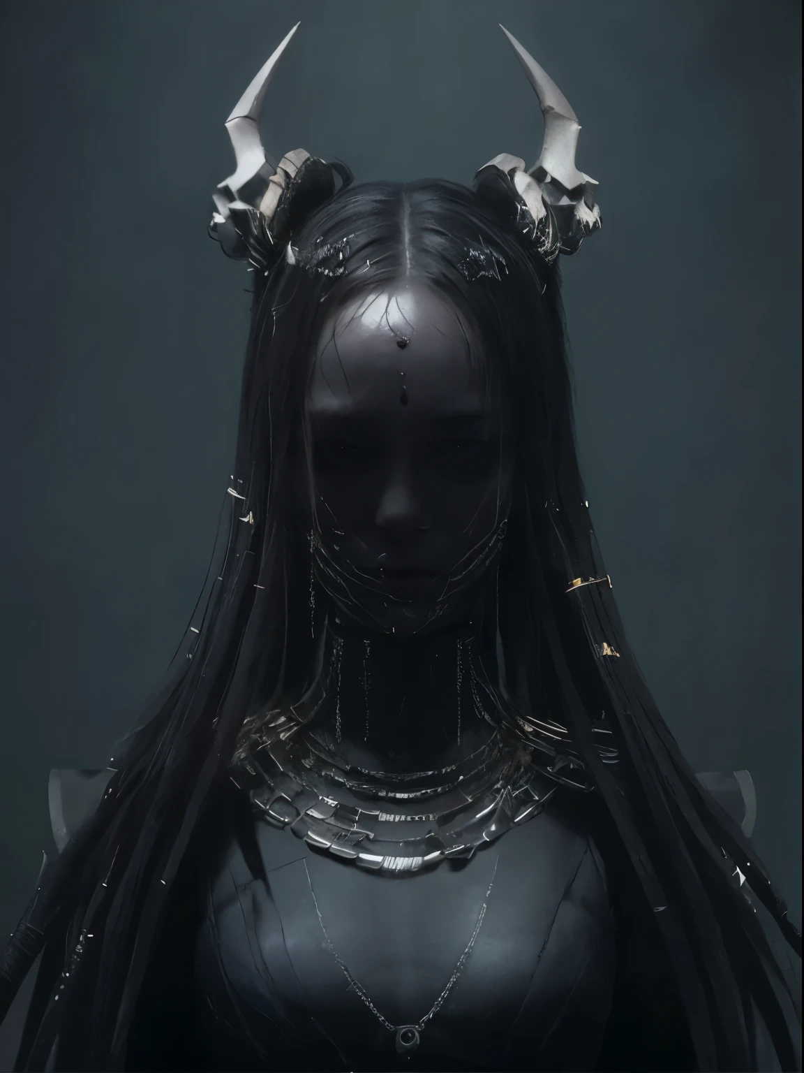 a close up of a woman with horns and a skull headpiece, cinematic goddess close shot, portrait of a dark goddess, dark goddess with six arms, dark futuristic, dark fantasy character design, trending in cgsociety, unreal engine render + a goddess, award winning concept artist, hyperdetailed fantasy character, hyper - goth, trending on cgsociety, cyberpunk medusa