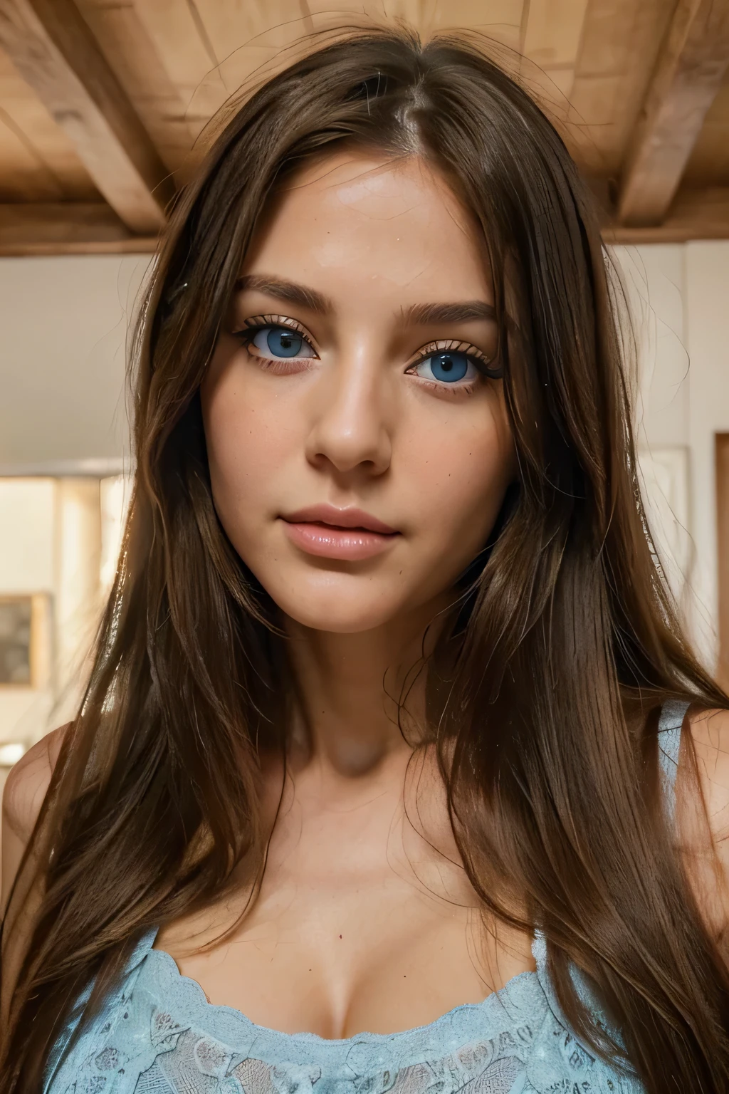 A beautiful young woman, detailed facial features, big bright blue eyes, long eyelashes, delicate nose, full lips, flowing long hair, petting a huge fluffy big cute cat, cute expression, highly detailed, photorealistic, 8K, masterpiece