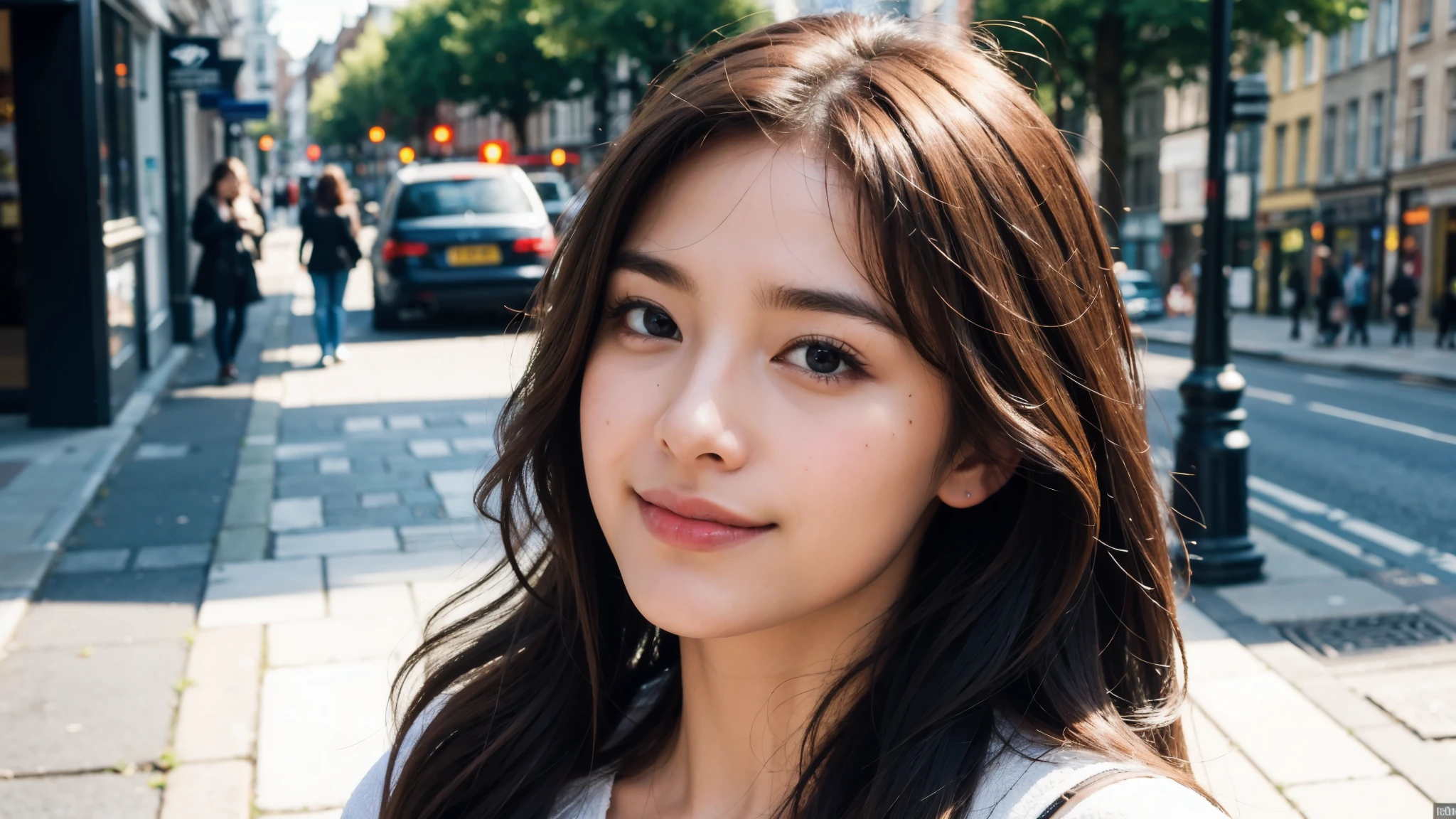 masterpiece, Best Quality, Photorealistic, Ultra-detailed, finely detailed, High resolution, 8K Wallpaper, 1 beautiful woman, light brown hair, sharp focus, Perfect dynamic composition, Beautiful detailed eyes, detailed hairs, Detailed realistic skin texture, Smiling, portrait, Model body type, Take a walk on the street of London,