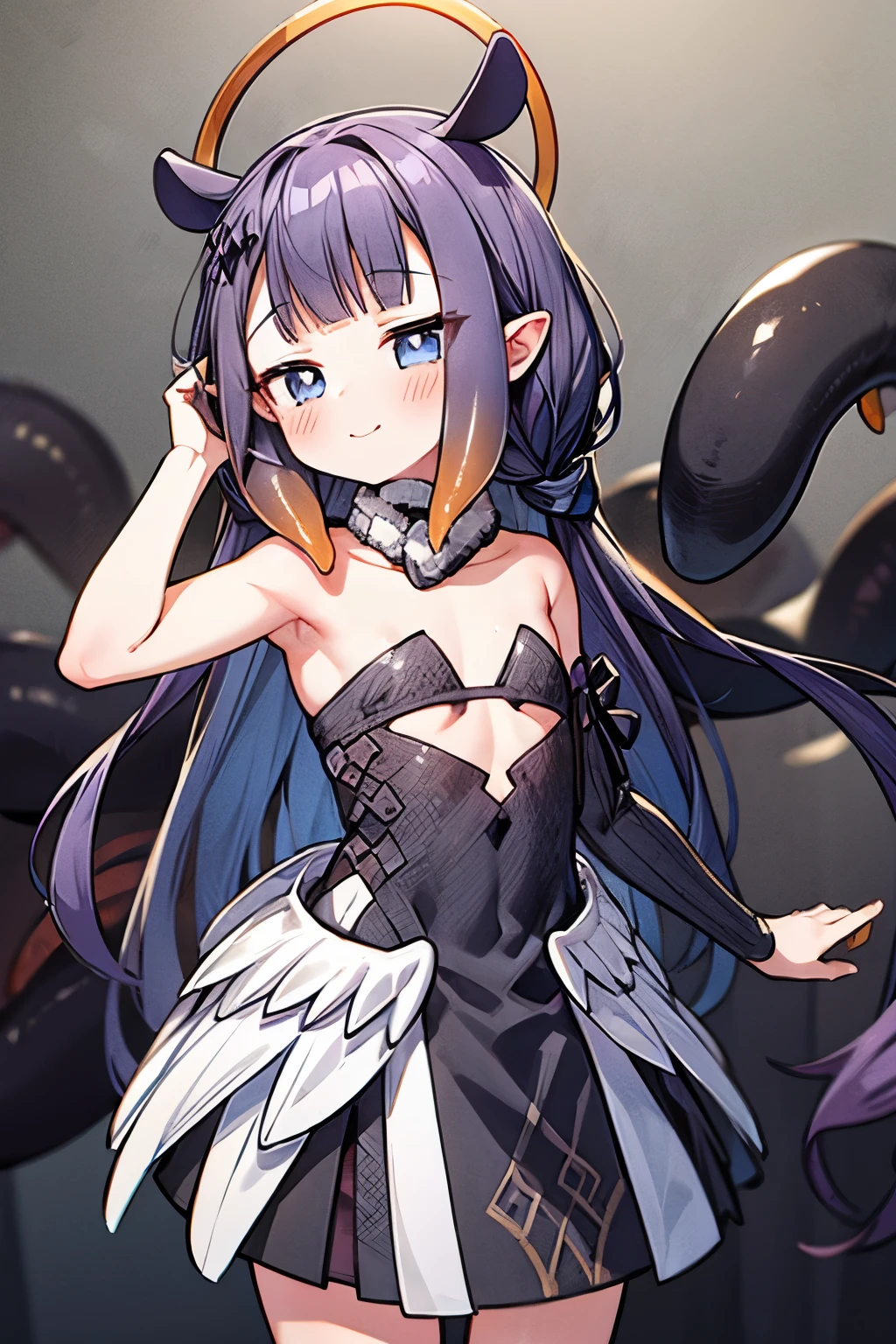 ((Ninomae Ina'niasterpiece)), ((Masterpiece)), (Anime:1.3), ((best quality)), (RAW photo: 1.2), (High Definition:1.3), (Professional Photography:1.2), 1 girl, (Beautiful eyes), Bright smile, (cool pose), (Flat chest), Colorful hair, Big eyes, (strapless dress), low wings, halo, (tentacles), BREAK, ((Masterpiece)), ((best quality)), (against the fancy wall:1.3),