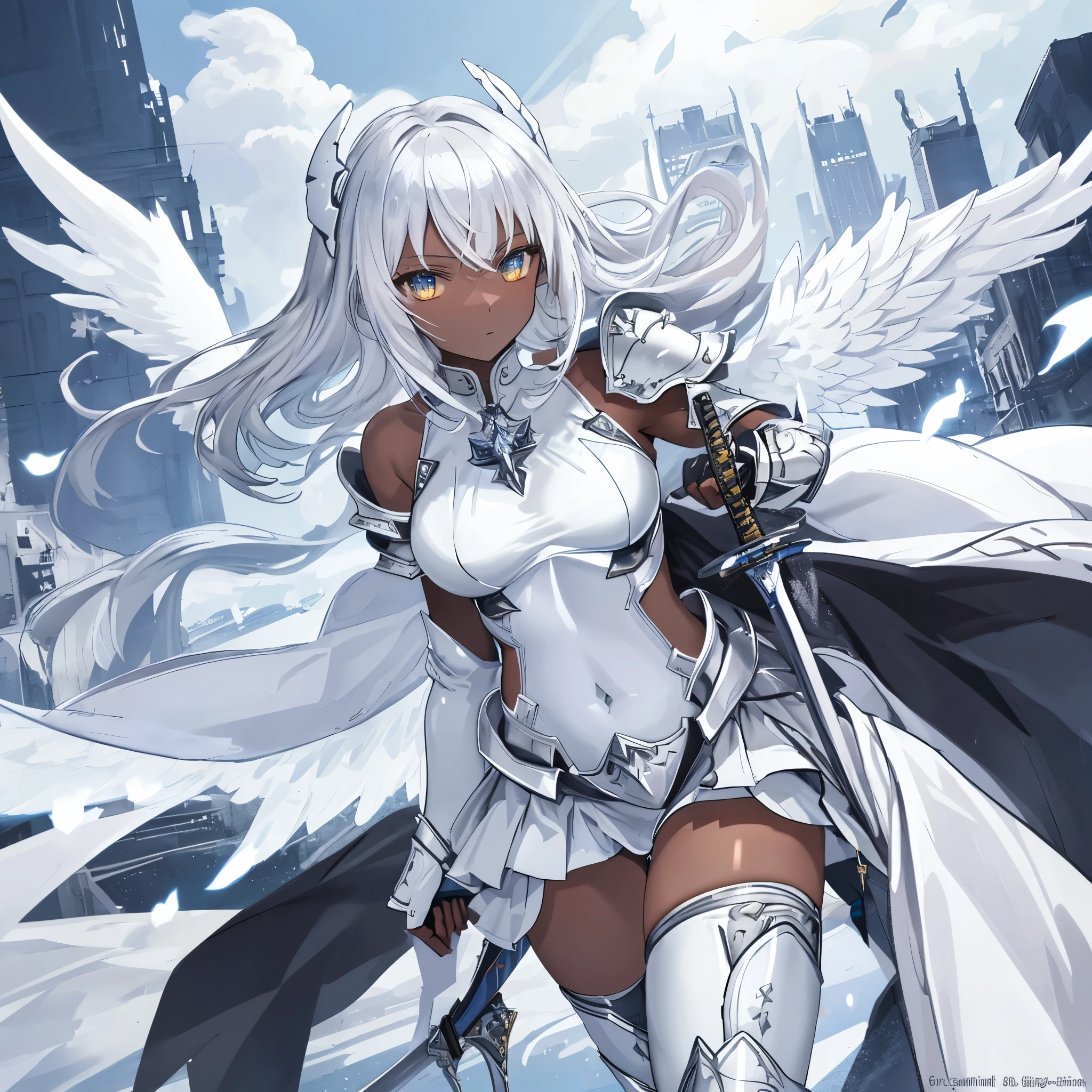 fantasy, 1angel_girl, low_, silver_medium_hair,long_bangs, (dark_skin)+, bare_shoulder, navel out, thighhighs,silver_shiny_armor, white_clothes,waist_armor, Glebe, hold_shiny_swords, medium_breasts, dynamic_pose_fighting,Floating, (1pair_white_wings,pelvic_curtain)++, Headgear ,city_sky_background,,slightly_spread_legs, multiple_shiny_swords_floating_around_the_girl