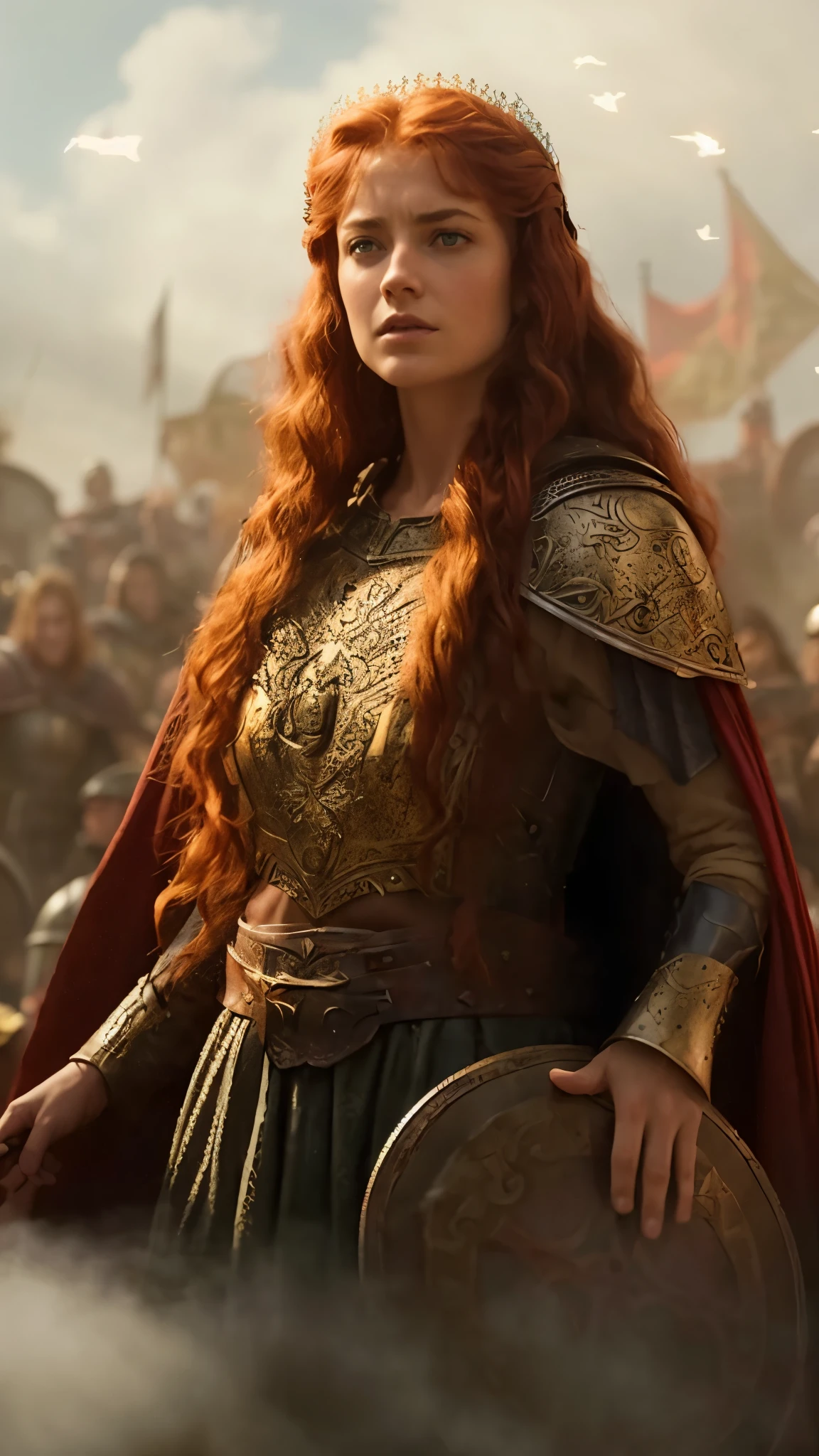 arafed woman in a medieval dress with a shield and shield, redhead queen in heavy red armor, imogen poots as a holy warrior, female redhead templar, cinematic goddess shot, still from a fantasy movie, shallan davar, imogen poots as a paladin, imogen poots as holy paladin, wearing norse armor