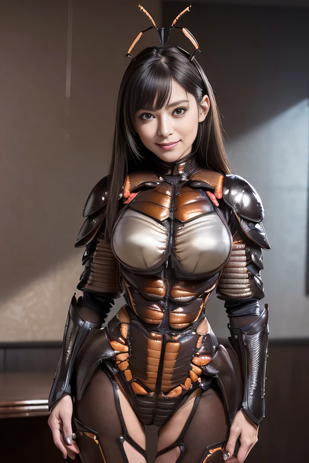 (High resolution,masterpiece,highest quality,Very detailed CG, anime, official art:1.4), realistic, photograph, amazing detail, everything is complicated, shiny and glossy,Amazing number of layers, 8K wallpaper, 3D, sketch, cute, figure,( alone:1.4), perfect female proportions,villain's daughter, (Fusion of dark brown cockroach and lady:1.4), (brown cockroach woman:1.2), (brown cockroach woman:1.2), (Fusion:1.2), (alone:1.4), (evil smile:1.2), muscular, abs, (Cockroach brown exoskeleton bio insect suit:1.4), (Cockroach brown exoskeleton bio insect armor:1.2), (brown transparent cockroach feathers:1.4), (Antennae of brown cockroaches:1.3),