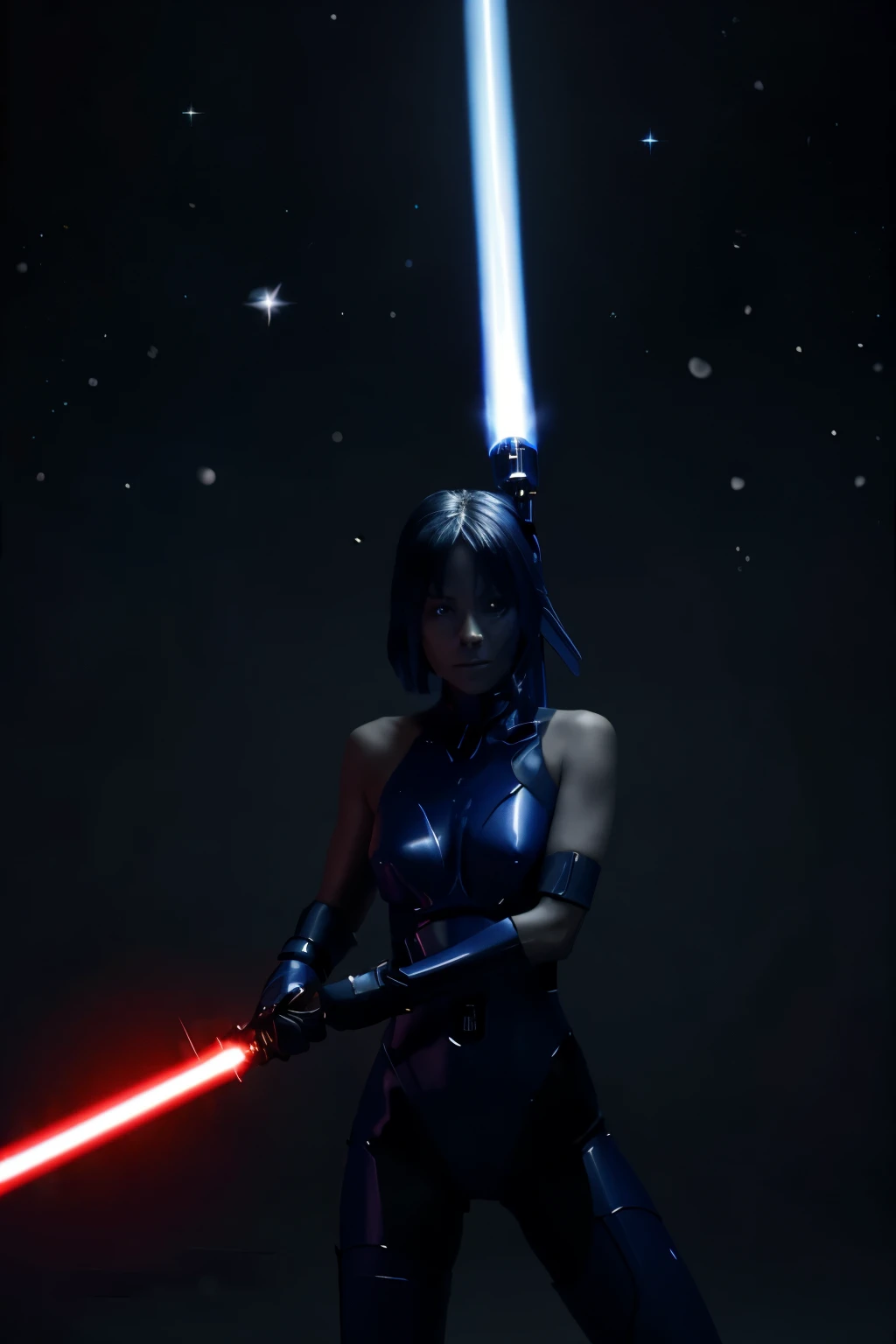 Create an all blue stick figure holding a dark themed red colored lightsaber in a space setting with people fighting around with blue sparkles in the setting (anime)