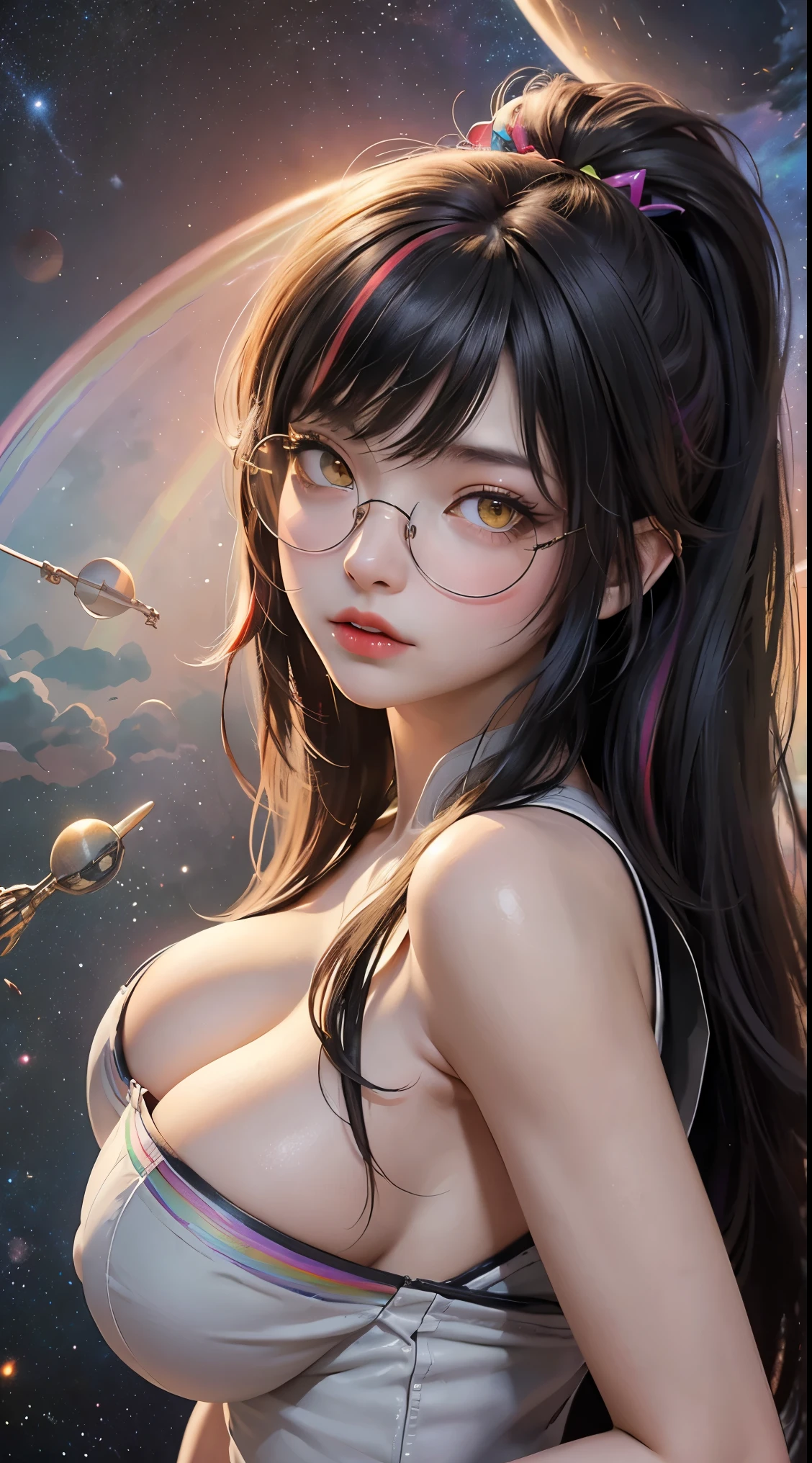 1名 27歳 woman, OK、(best illustrations)、8k UHD resolution、intricate details、最high quality、realistic、Super detailed、best lighting、best shadow、soft lighting、ultra hd、dungeon and Dragon、cave、dungeon、 necromancer、night、dark style、Succubus、devil'Daughter of、bat wings,(((デーモンホーンラック縁round glasses))))、(((big breasts)))、(devil'tail of)、(red eyes shine:1.6)、masterpiece、beautiful features、Tyndall effect、realisticphotograph、(high detail skin:1.2)、8KUHD、Digital single-lens reflex camera、high quality、photograph、High resolution、 absurd、Ponytail distortion、Optimal ratio of 4 fingers and 1 thumb、1 girl、hair ornaments、真っ赤に輝くgemのネックレス、gem、beautiful expression、body up、big breasts emphasis、tight waist、wide ass、Tyndall effect、Photoreal、(high detail skin:1.2)、dark and mysterious version, lipstick red lips, thin and beautiful lips, Don't laugh, please keep your mouth shut, Characters created by Karol Baku and Pino Daeni, intricate details, detailed background, very detailed, magic of light, woman, pretty face, ((((giant glasses, otaku glasses, thick glasses, round glasses))))、 looking at the Upper body of the goddess , round chest, big and round chest, phoenix hair brooch, long hair with bangs, (Long hair has seven colors like a rainbow:1.9), Beautifully detailed face and well-proportioned eyes, (clear yellow eyes: 1.8), Big round eyes and very beautiful and detailed makeup, Visionary, long silk nightgowns, mysterious makeup, ブresponseレット, I dyed my side bangs and light yellow., Upper body, (goddess Upper body: 1.8), hanging arms, リアルで鮮やかなphotograph, (stars that make up : 1.7), ( sky and fictitious space and time portal: 1.8), fiction art, RAWphotograph, 着物のphotograph, 最高のphotograph , expensive_response, 最high quality, 最高のphotograph, 8K quality, 8K Ultra , surrealism, 最も経済的な本物のphotograph, artistic portrait of 12 signs, 1 symbol of 12 signs behind, single portrait of 12 goddess, 最もrealistic配色, 最高のphotograph color, masterpiece, hair ornaments, ネックresponse, jewelry, beautiful face, Upper body, Tyndall effect, photographのようにリアルな, Dark studio, border light, two tone light, (fine skin) expensive: 1.2), 8k UHD, Digital single-lens reflex camera, soft light, expensive quality, volume light, Frank, photograph, expensive responseolution, 4K quality, 8k, Bokeh, smooth and sharp, 10x more pixels, Charming goddess, sexy goddess, (background space: 1.8), (milky way: 1.7), aurora, lightning, (auroraの背景: 1.8) <roller:crazy_perfect eyes_v1_from_v1_, beautiful goddess and flowers,