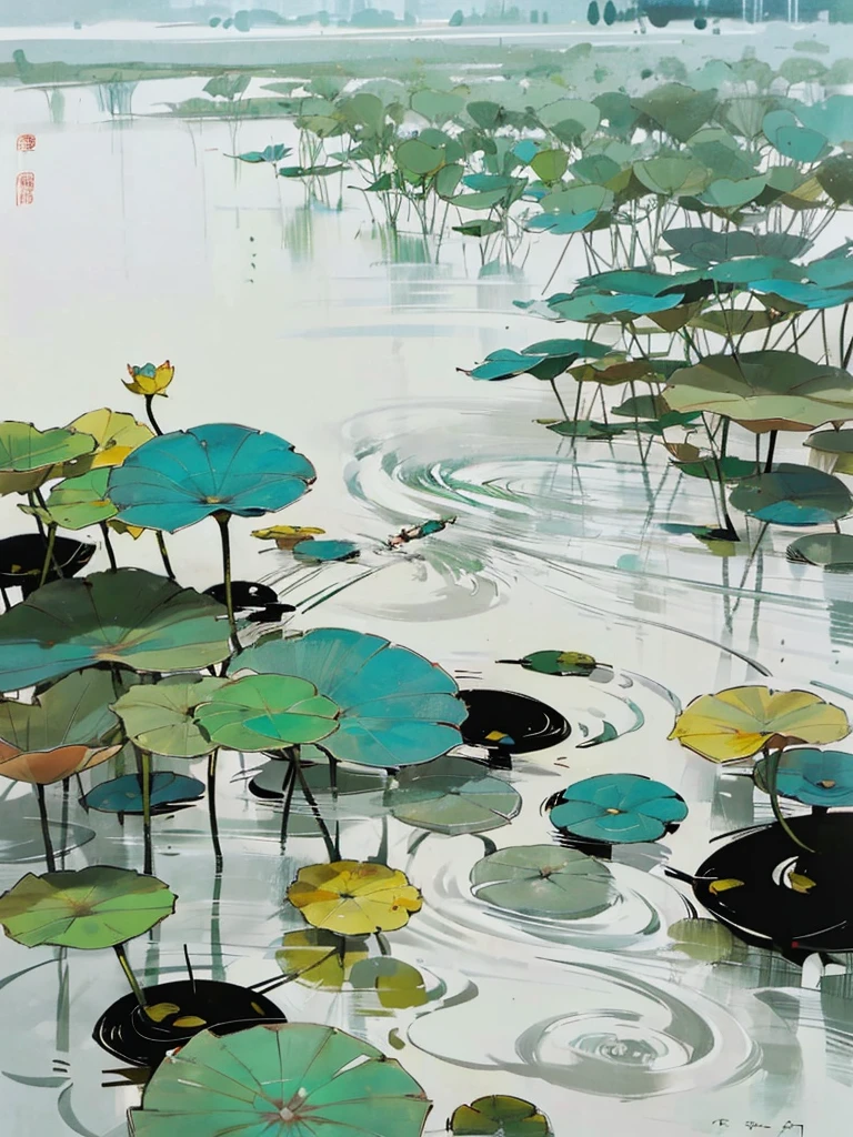 The simple line drawing style of Dry Lotus was inspired by Wu Guanzhong, author:Dazhu bamboo leaves, author:Shozo Shimamoto, Zeng Fanzhi, Juan Miró, by joan snyder, author:Ding Xiongquan, Amano Yoshitaka