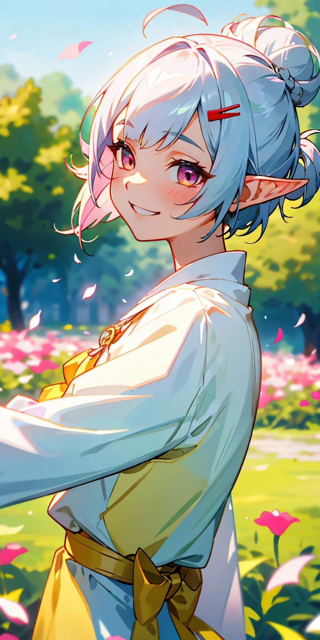 １girl、elf ears、Short hairstyles for silver hair and bob、Hair tied up in a bun with a hair clip、Shining pink round eyes、yellow peasant tunic、upper body close-up、The scenery in the background is a garden with dancing petals.、grin、From the side、painterly、sharp outline