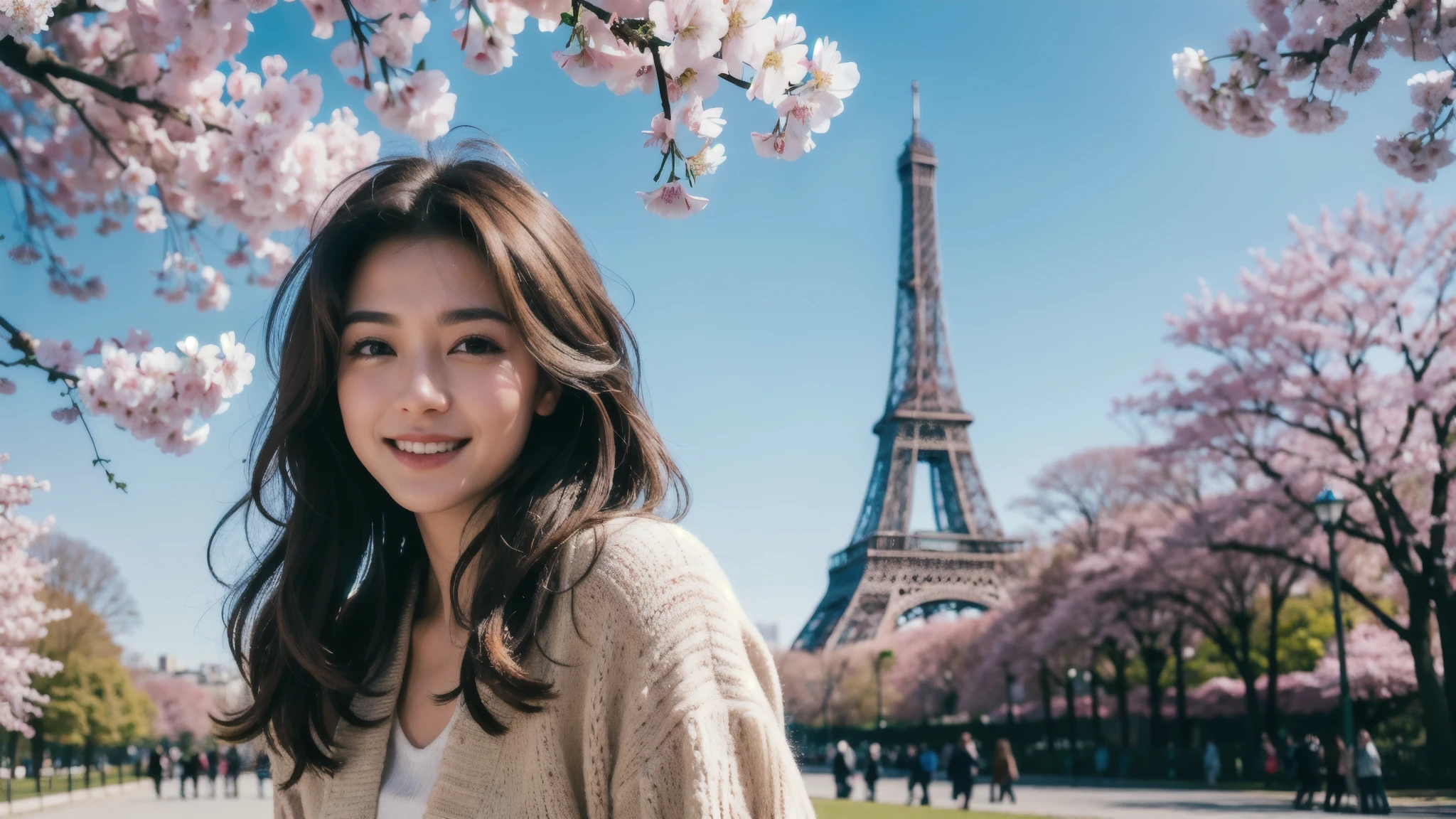 masterpiece, Best Quality, Photorealistic, Ultra-detailed, finely detailed, High resolution, 8K Wallpaper, 1 beautiful woman, light brown hair, sharp focus, Perfect dynamic composition, Beautiful detailed eyes, detailed hairs, Detailed realistic skin texture, Smiling, portrait, Model body type, Take a walk in the park with cherry blossoms and Eiffel Tower background,