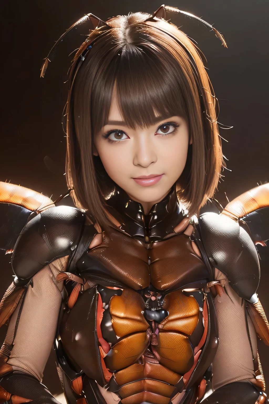 (High resolution,masterpiece,highest quality,Very detailed CG, anime, official art:1.4), realistic, photograph, amazing detail, everything is complicated, shiny and glossy,Amazing number of layers, 8K wallpaper, 3D, sketch, cute, figure,( alone:1.4), perfect female proportions,villain's daughter, (Fusion of dark brown cockroach and lady:1.4), (brown cockroach woman:1.2), (brown cockroach woman:1.2), (Fusion:1.2), (alone:1.4), (evil smile:1.2), muscular, abs, (Cockroach brown exoskeleton bio insect suit:1.4), (Cockroach brown exoskeleton bio insect armor:1.2), (brown transparent cockroach feathers:1.4), (Antennae of brown cockroaches:1.3),