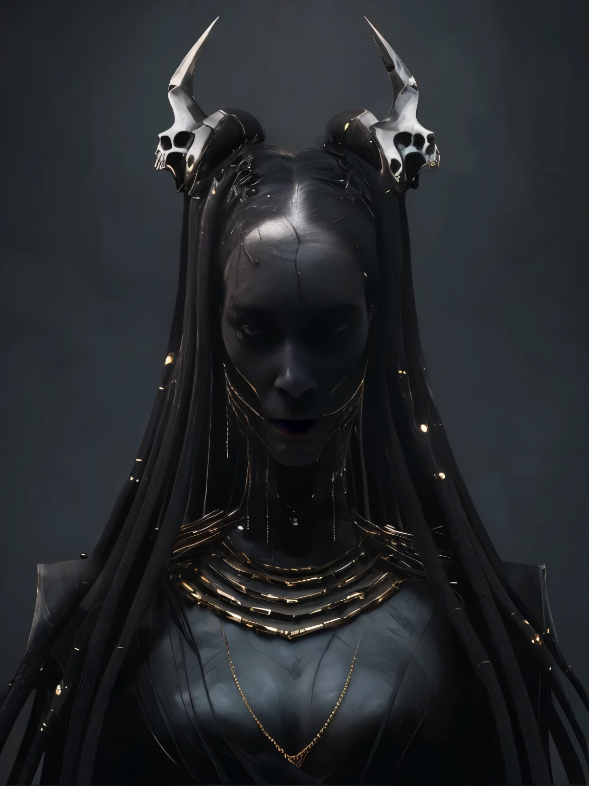 a close up of a woman with horns and a skull headpiece, cinematic goddess close shot, portrait of a dark goddess, dark goddess with six arms, dark futuristic, dark fantasy character design, trending in cgsociety, unreal engine render + a goddess, award winning concept artist, hyperdetailed fantasy character, hyper - goth, trending on cgsociety, cyberpunk medusa