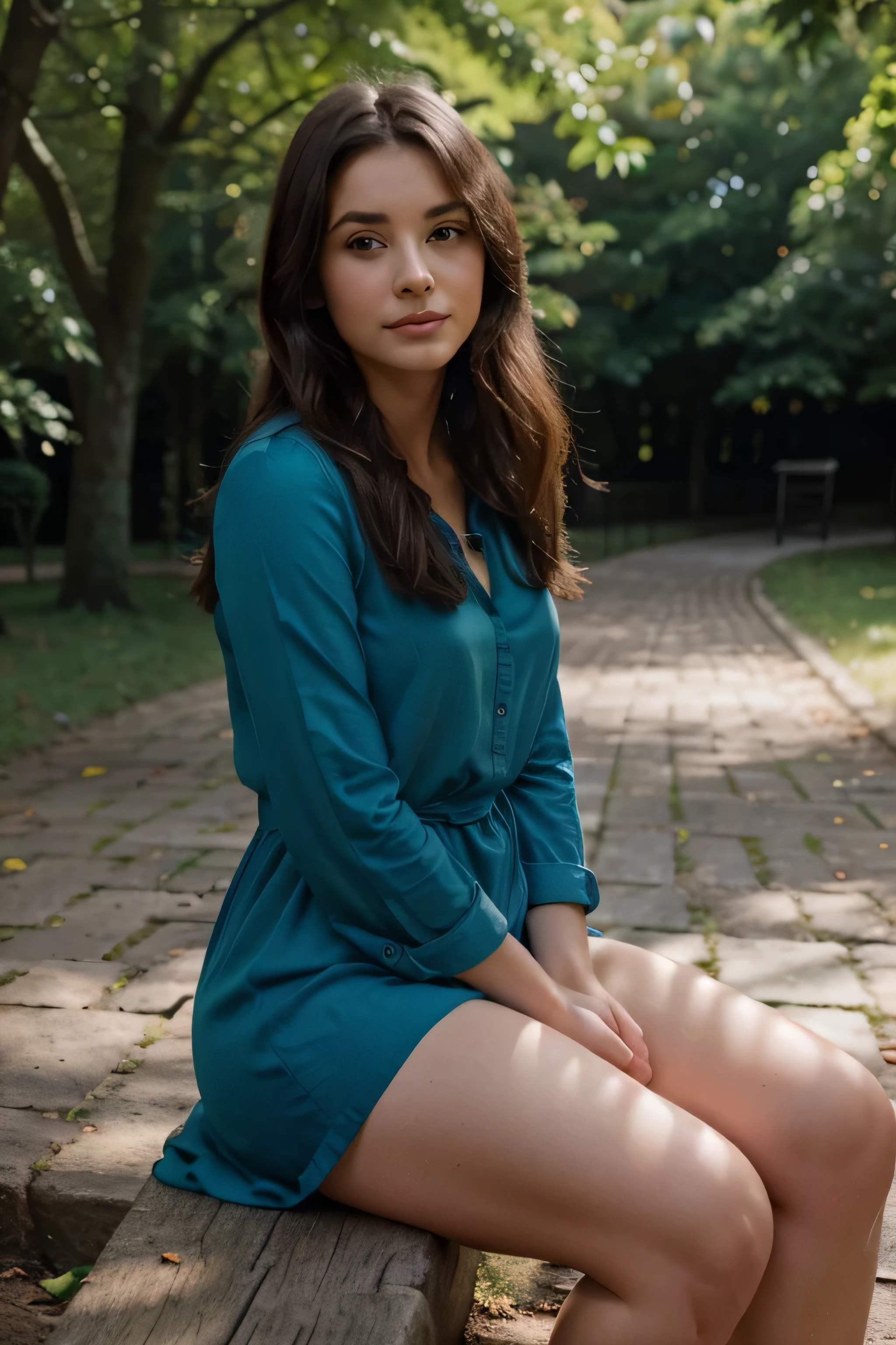 Ein ultrarealistisches Foto, taken with a Sony α7 III camera, Ausgestattet mit einem 85-mm-Objektiv bei F 1.2 Blendeneinstellungen, Depiction of a 25-year-old young brunette woman, gekleidet mit einem blauen Kleid, Sitzen auf einer Holzbank in einem sonnendurchfluteten Park. The background is beautifully blurred, das Thema hervorheben. The park is decorated with lush greenery and blooming flowers, create a calm atmosphere. Sanftes Sonnenlicht beleuchtet anmutig das Gesicht und die Haare des Motivs, wirft einen traumhaften Glanz. Das Bild, Recorded in high resolution and a 16:9 aspect ratio, captures the subject's natural beauty and personality with stunning realism -ar 16:9 -