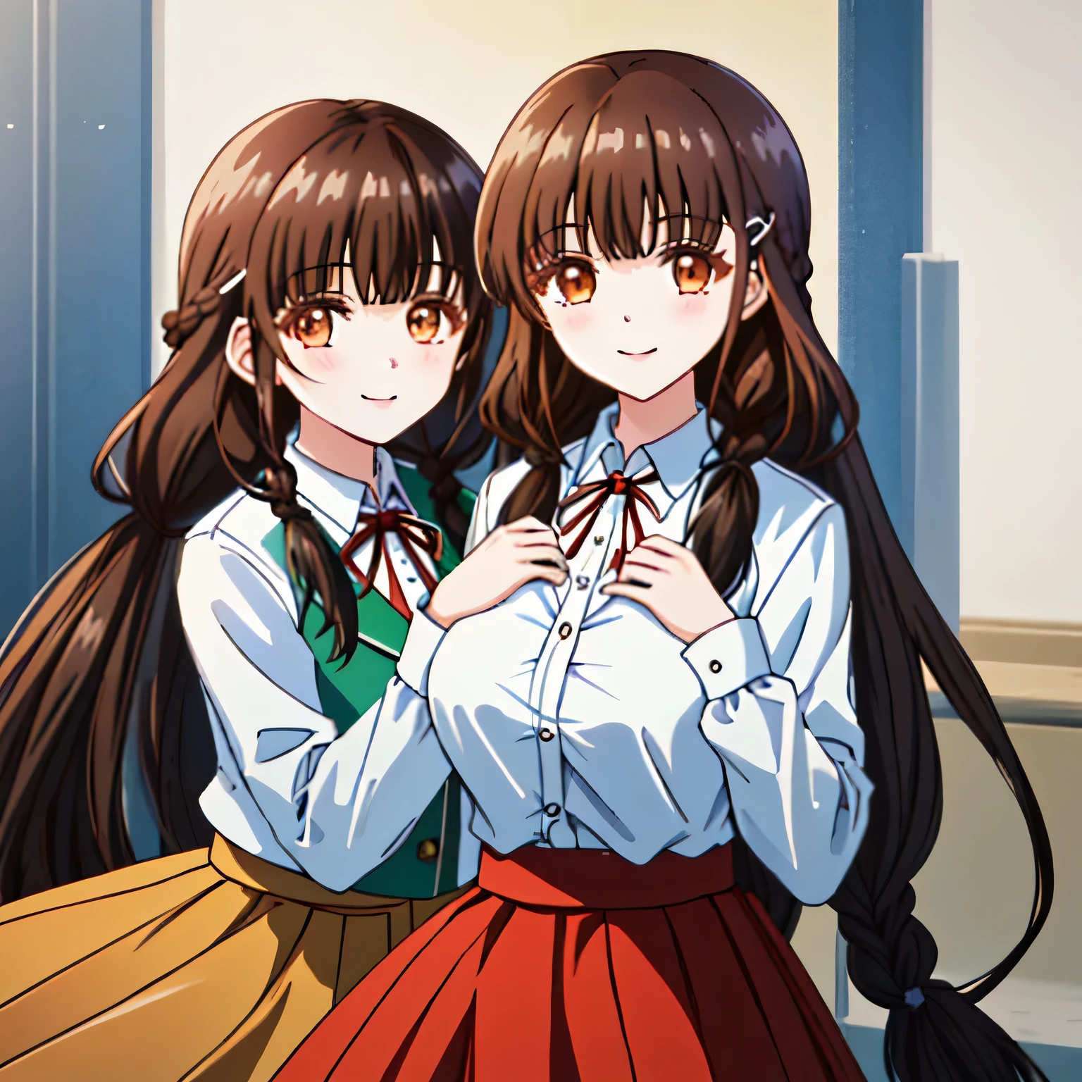 highest quality, (masterpiece:1.2), very detailed, One girl looks at the viewer and smiles, Glossy lips that make you want to kiss, nice smile, brown eyes, (((dark brown hair))), 15 years old, long braids, big shiny hair clip, school uniform, Luxurious black blazer with golden emblem on the left chest, ((big red ribbon on the chest)), very shiny hair、laughter、bright look、Your face and hair shine in the light, The corners of the eyes are drooping, Cute braids, The expression of a maiden in love, (((twin braid hairstyle))), (((The long skirt has a beautiful black checkered pattern..))), A gentle and cute expression staring at the viewer, double eyelid, ((long eyelashes)), pure white background